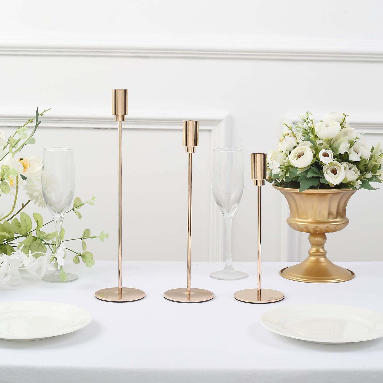 Gold Metal Set of 3 Taper Candle Stands with Round Base - Ideal for Weddings