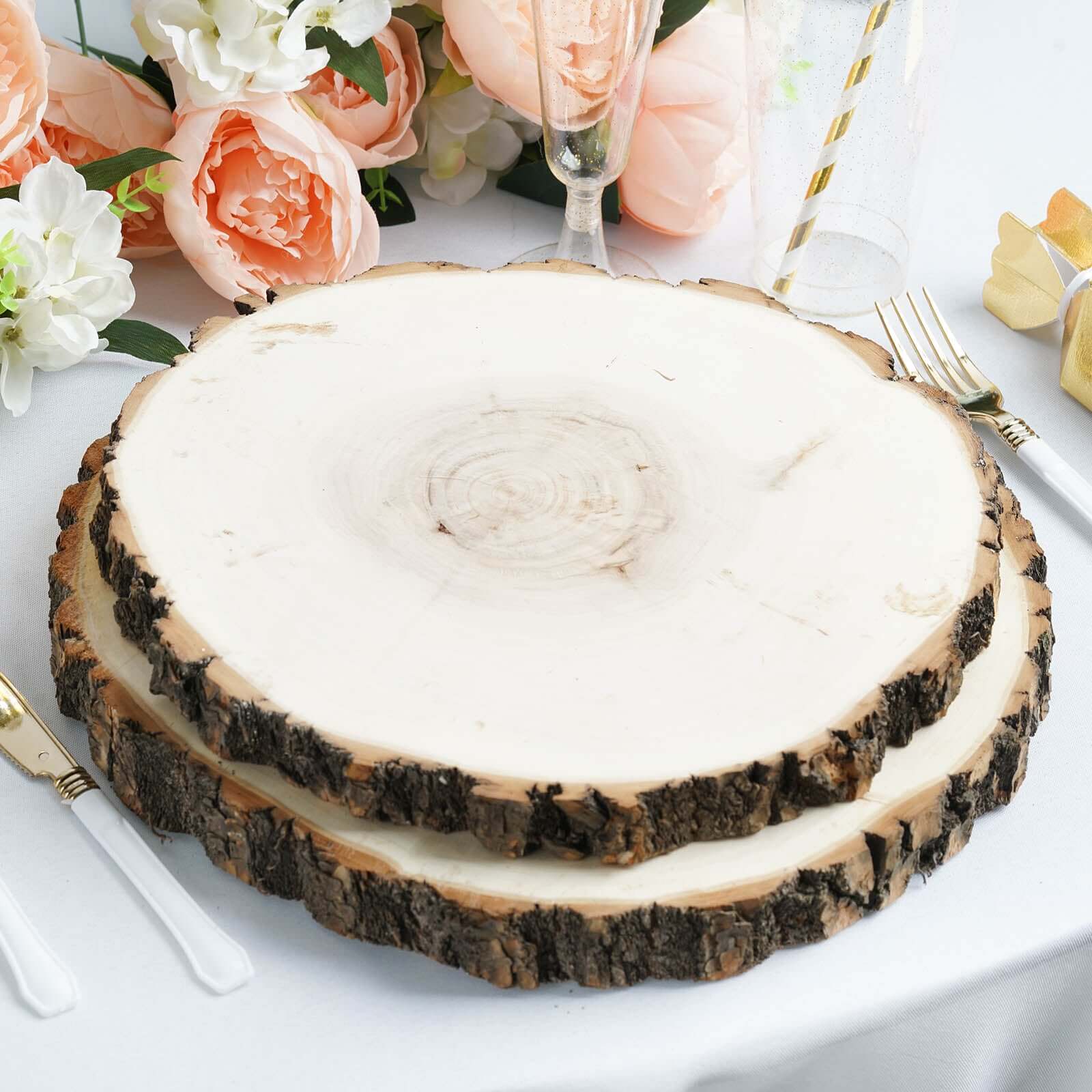 12-Piece Natural Poplar Wood Charger Plates with Bark Edge for Rustic Wedding Tables