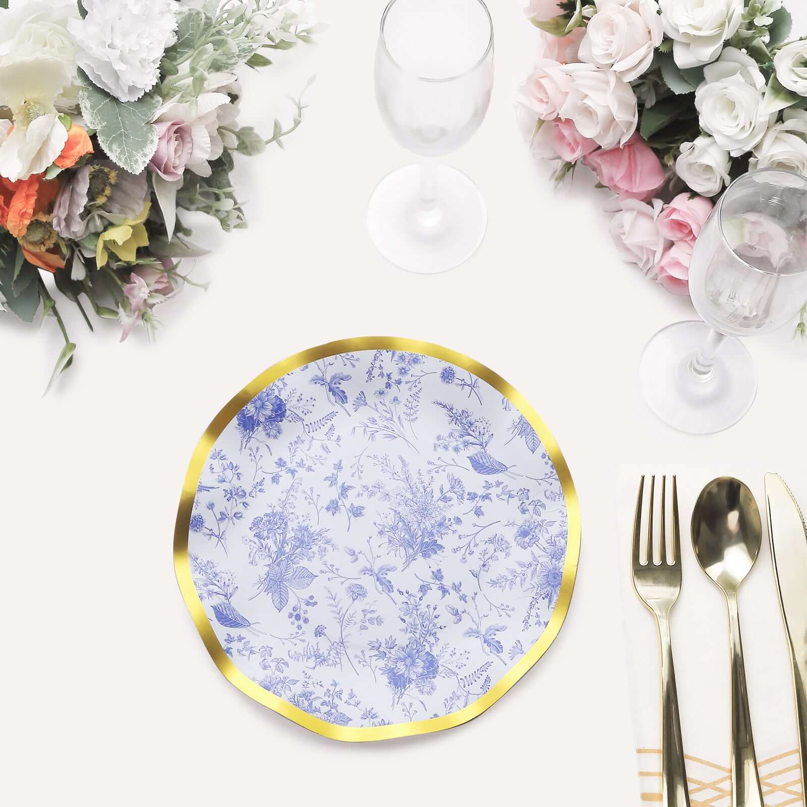 25-Pack Disposable 8-Inch Round White Salad Plates with Blue French Toile Pattern and Gold Wavy Rim - High-Quality Deal