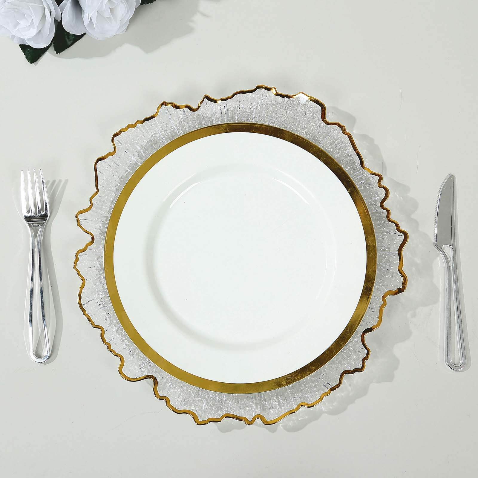 Hot Sale! 6-Pack 12-Inch Clear Plastic Round Charger Plates with Gold Reef Design for Dinner Parties