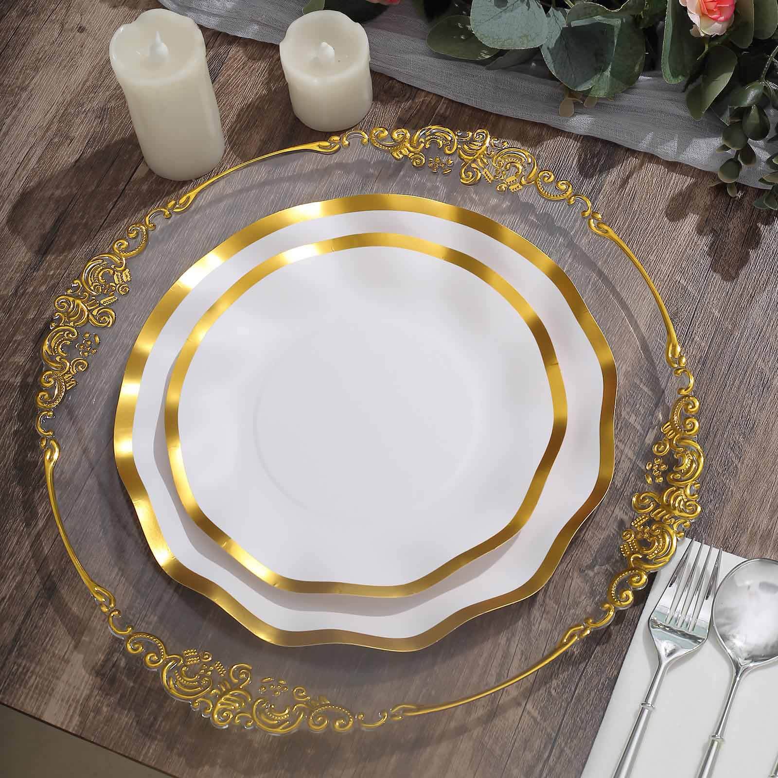 25-Piece Set of Disposable 8-Inch Round Matte White Paper Dessert Plates with Gold Wavy Rim for Upscale Events