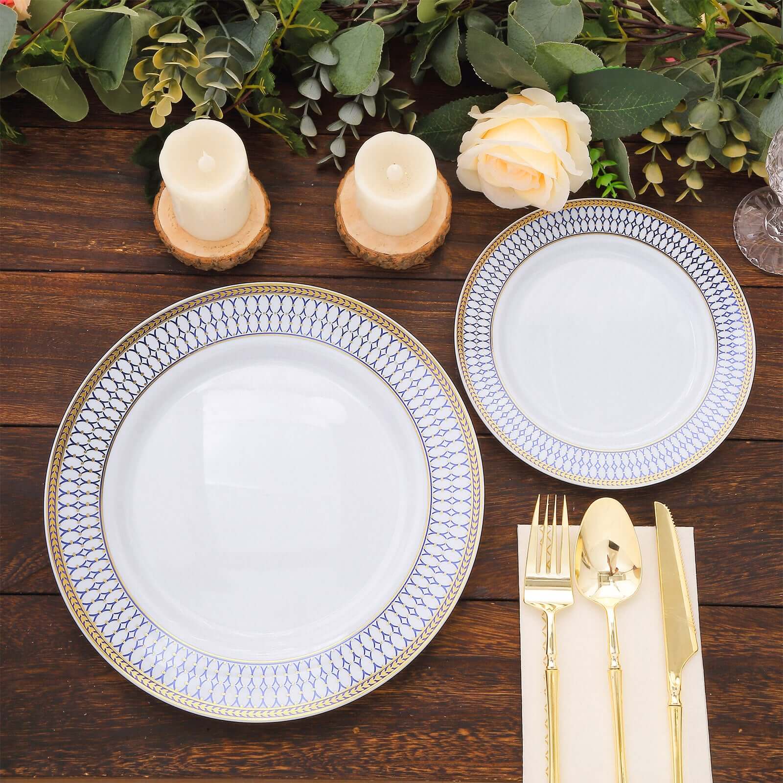 10-Pack White Disposable Dinner Plates with Gold and Navy Blue Chord Rim - Renaissance Style for Events