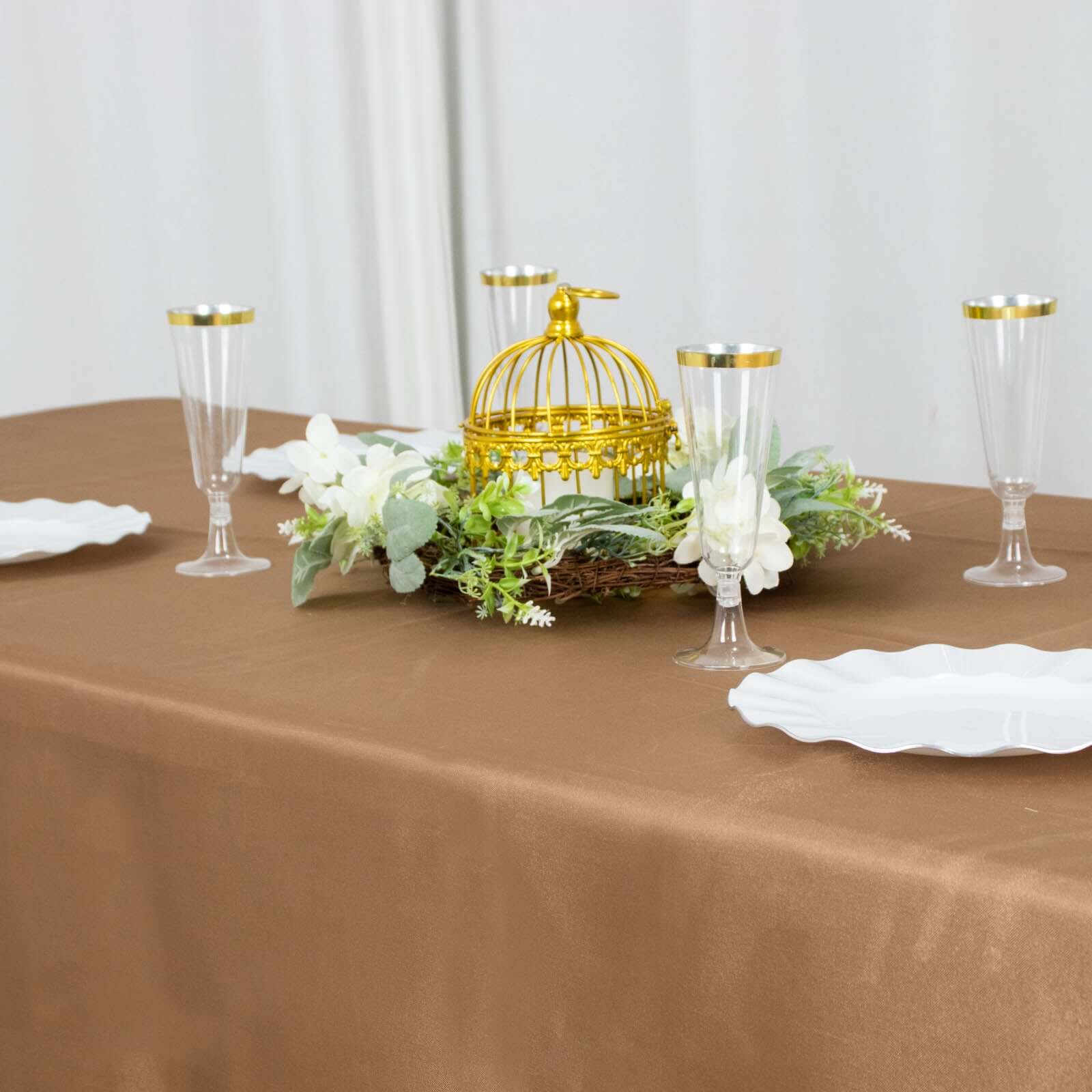 Premium Seamless Satin Taupe Tablecloth 90x132 for Weddings and Events