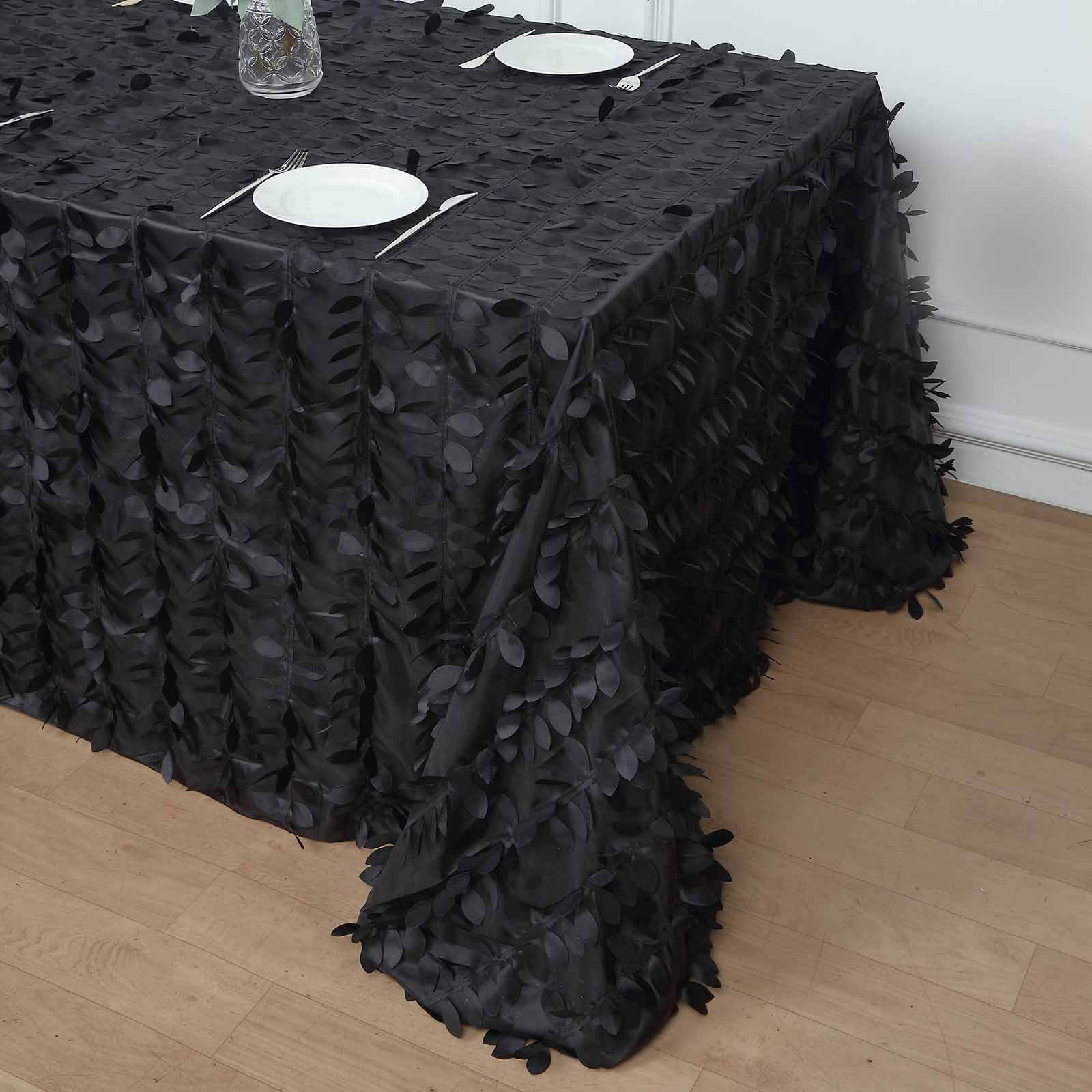 Black Taffeta Rectangle Tablecloth with 3D Leaf Petal Design | Great for Events
