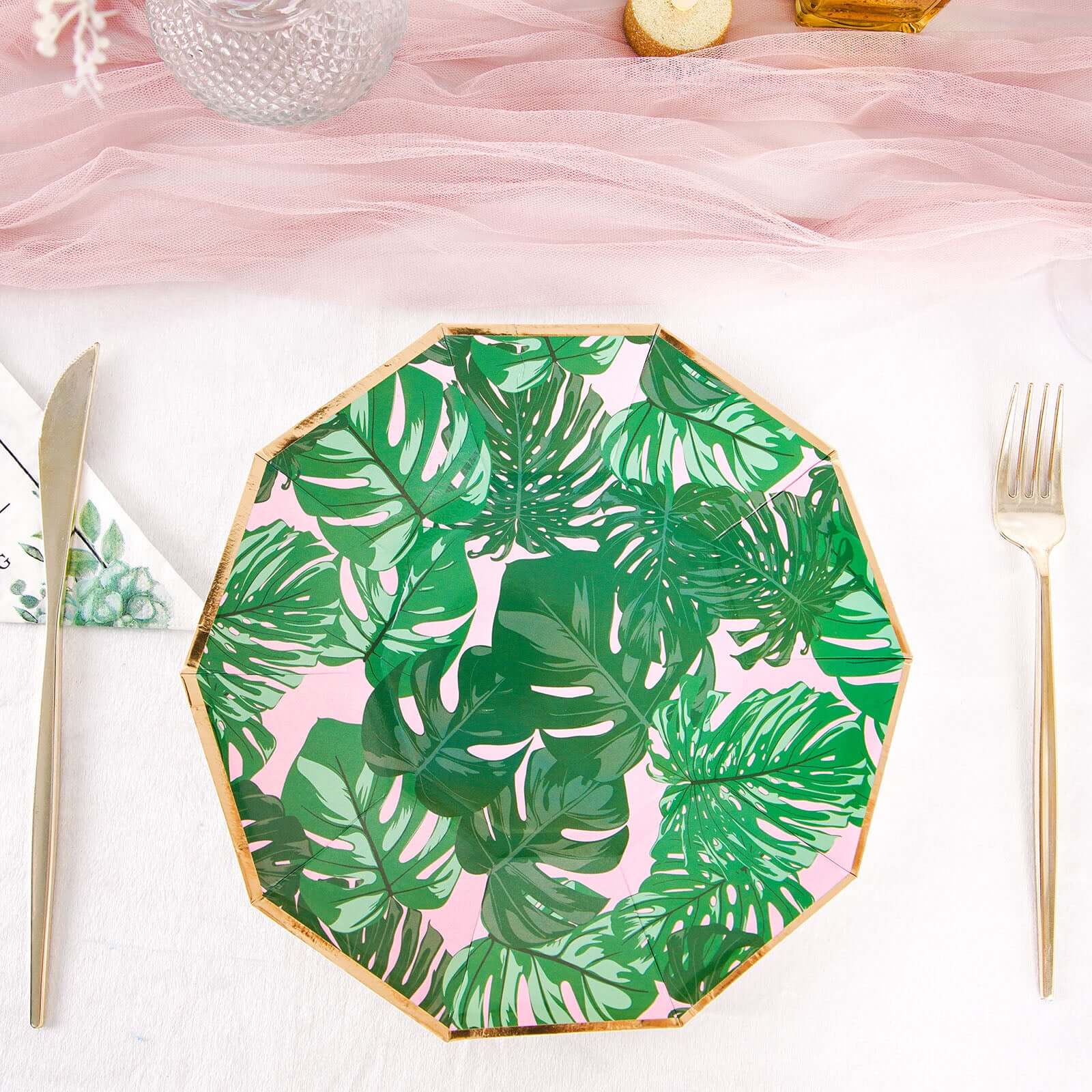 25-Pack 9" Pink Paper Decagon Dinner Plates with Green Palm Leaves & Gold Rim - Ideal for Luau & Summer Parties