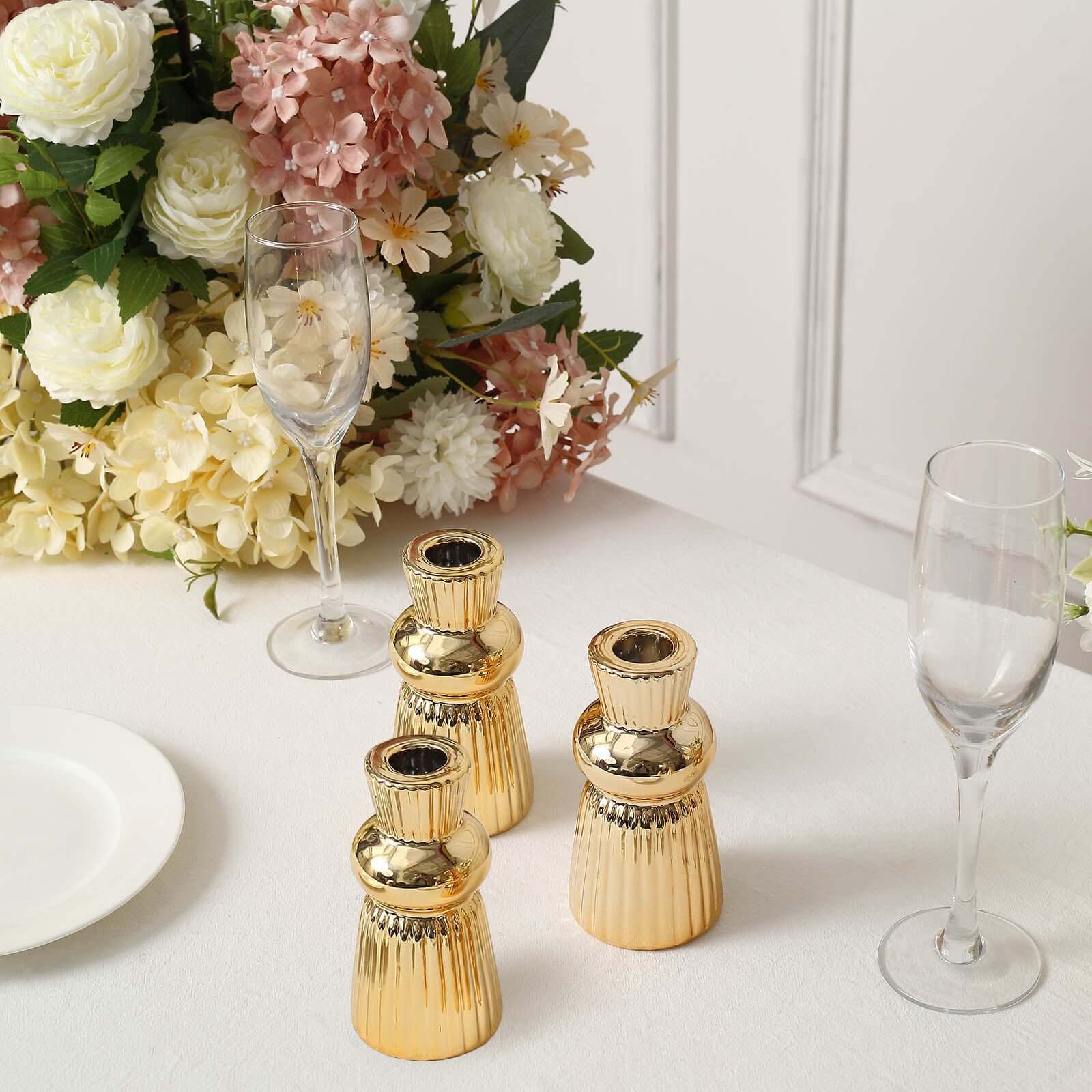 Set of 3 Metallic Gold Ceramic Taper Candle Holders with Fluted Ball Neck Design