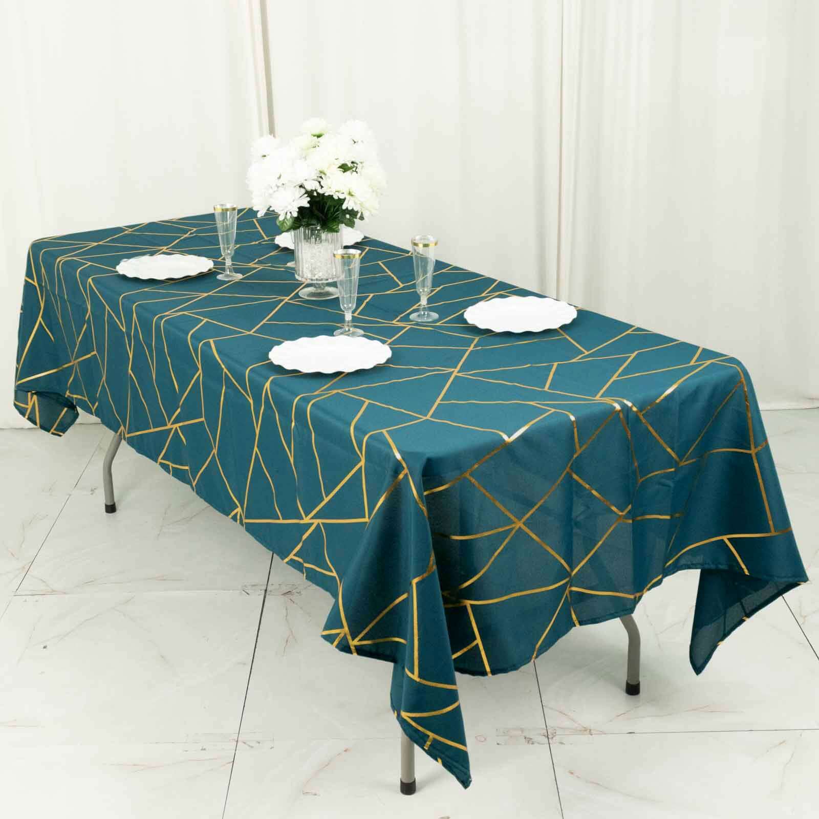 Wrinkle-Resistant & Durable Polyester Tablecloth: 60x102 Rectangle in Peacock Teal with Gold Foil Geometric Pattern