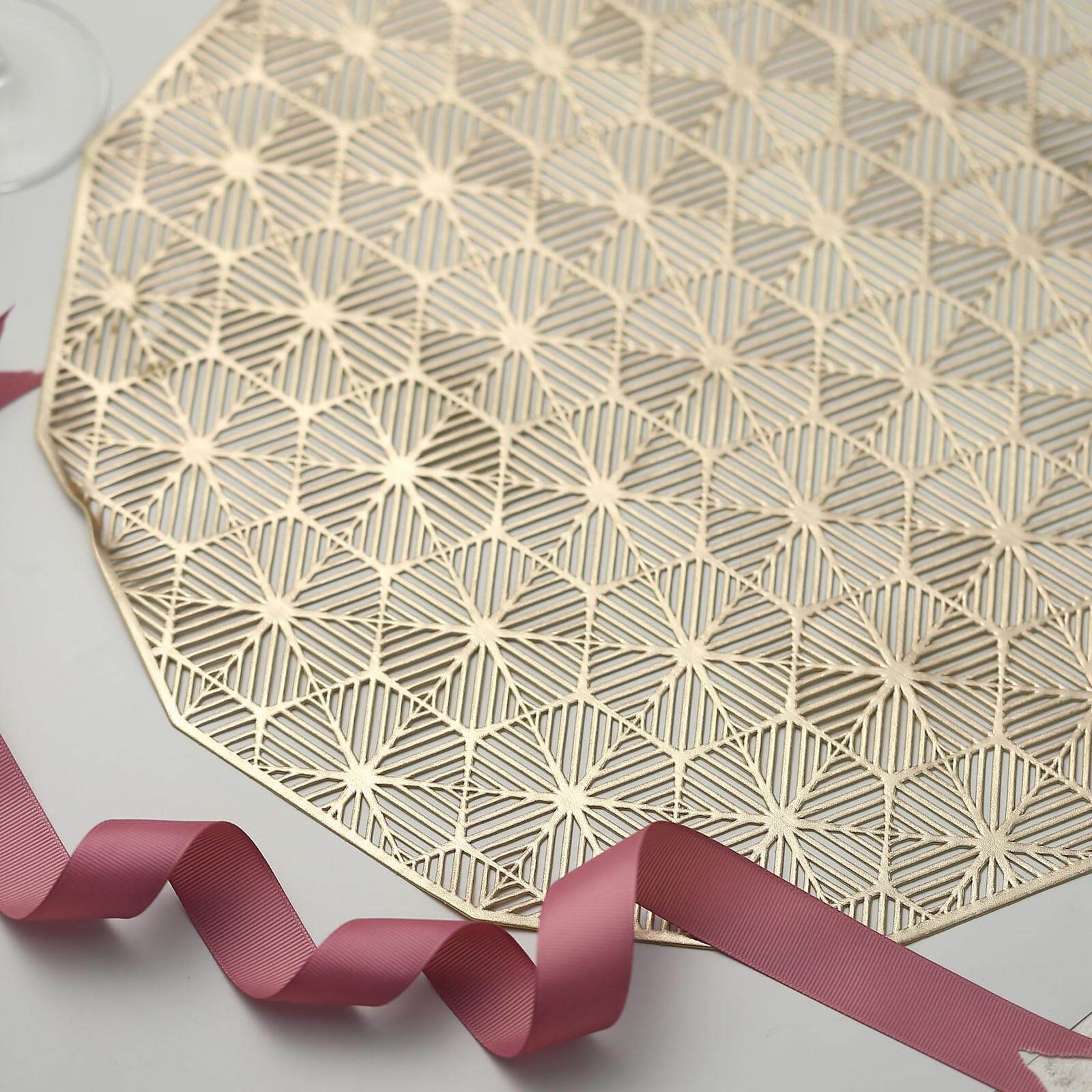 6-Piece Gold Geometric Woven Vinyl Dining Table Mats with Non-Slip Surface, 15 Inches