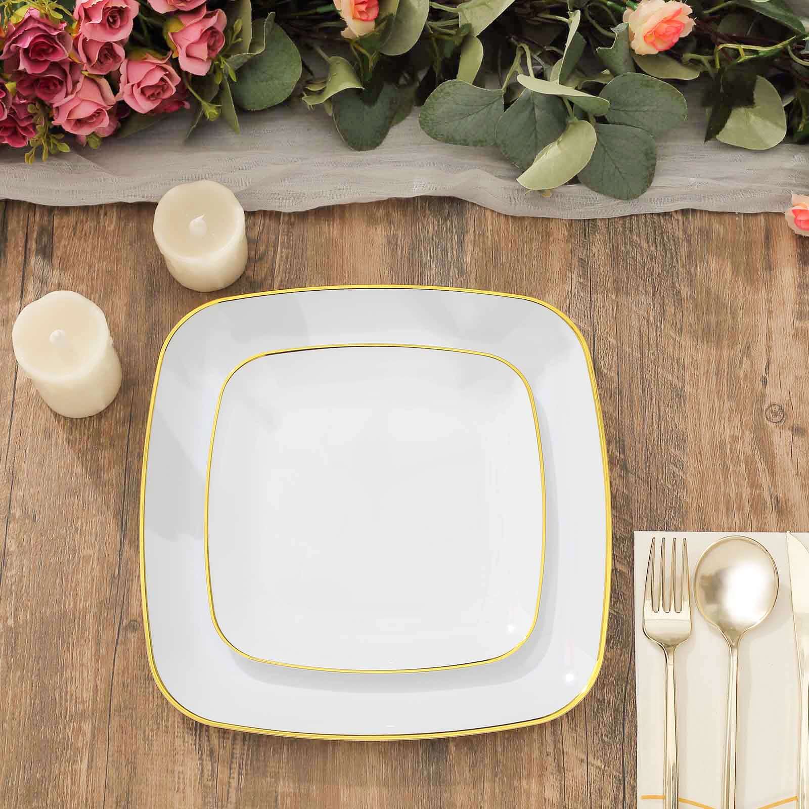 10-Pack White Plastic Dinner Plates with Gold Rim - Disposable for Weddings and Special Events