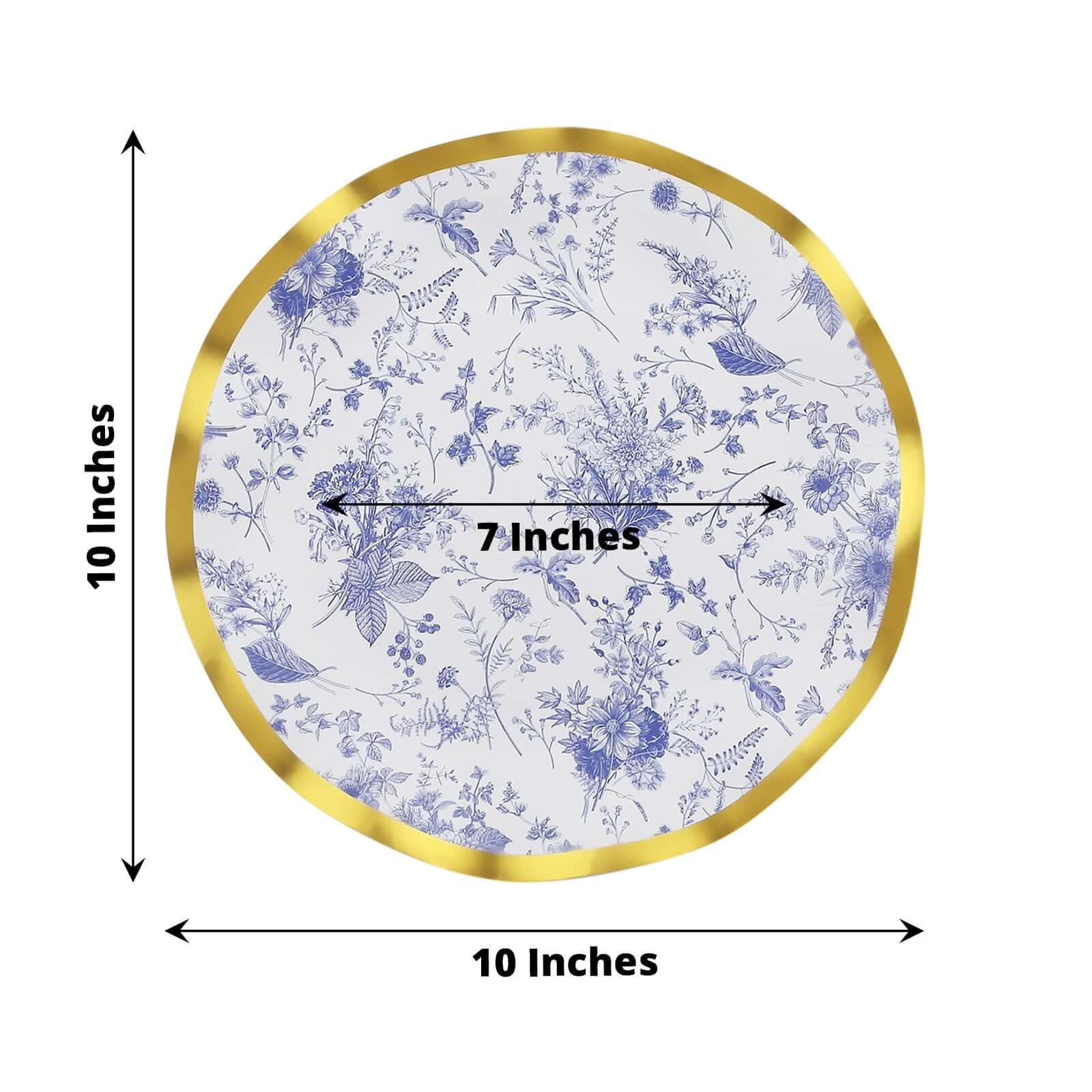 Get 25-Piece Set of Disposable 10-Inch White Paper Dinner Plates with Blue French Toile & Gold Wavy Rim