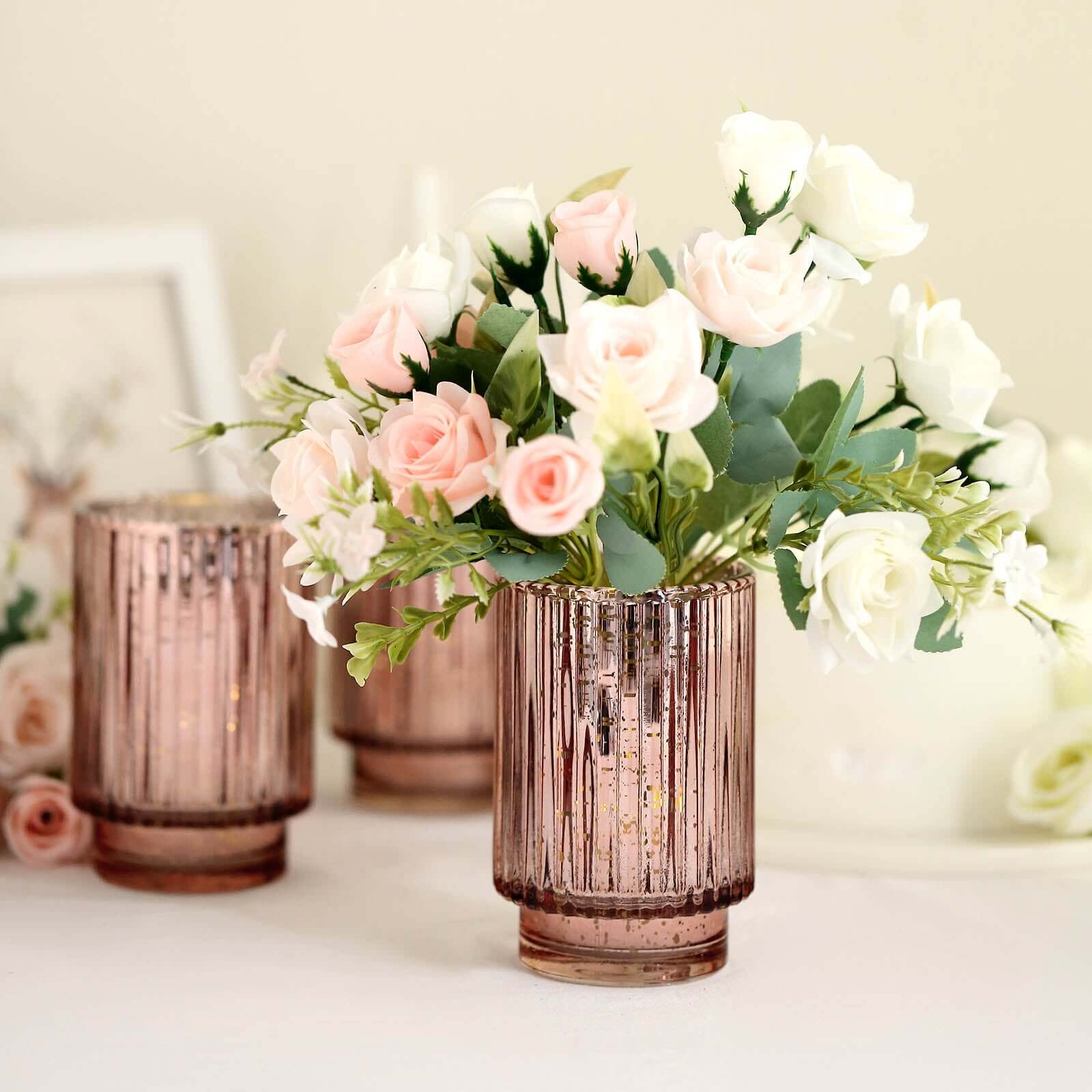 Hot Deal! 3-Pack Rose Gold Wavy Mercury Glass Hurricane Candle Holders