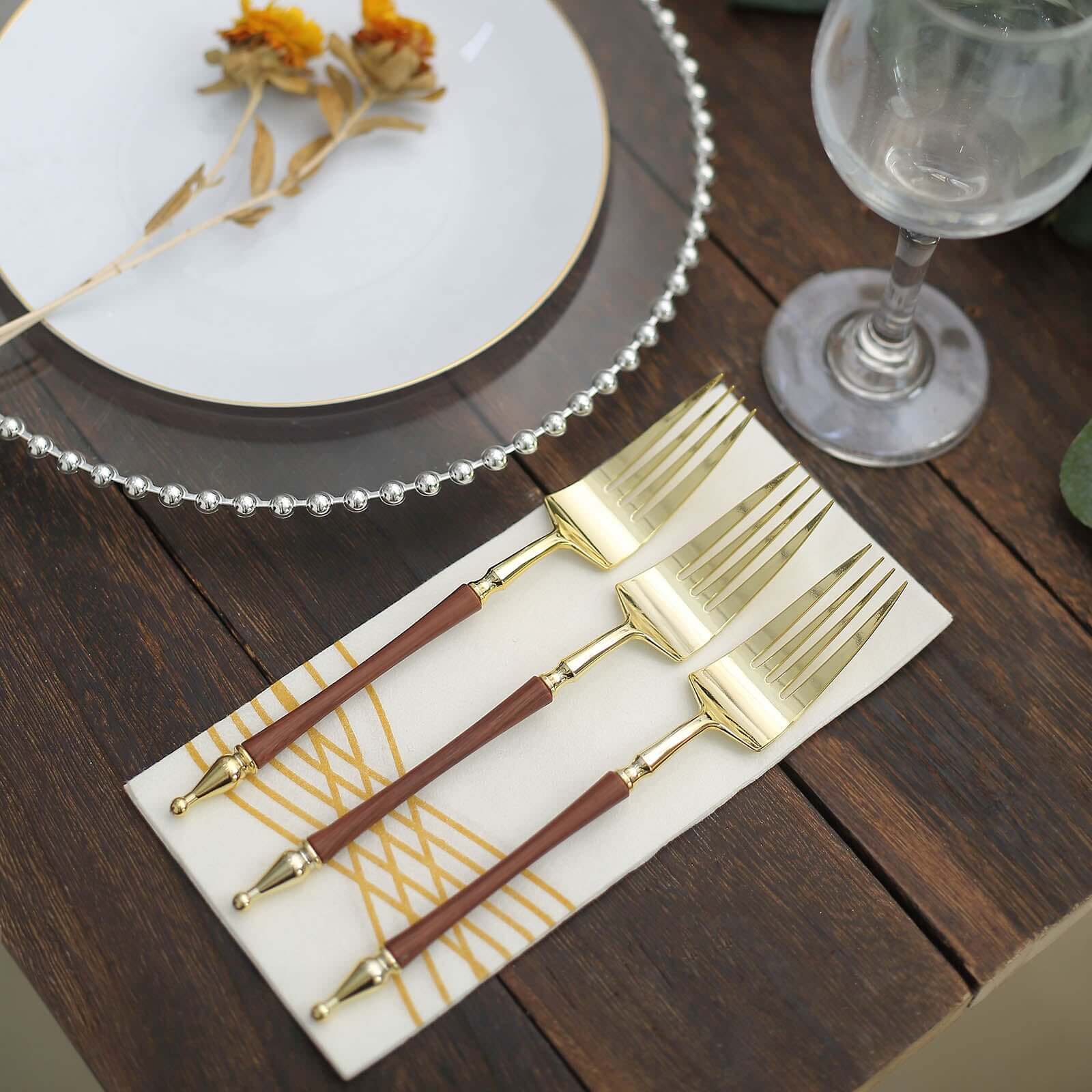 Hot Deal! 24-Pack Gold/Brown European Style Disposable Dinner Forks with Roman Column Handles