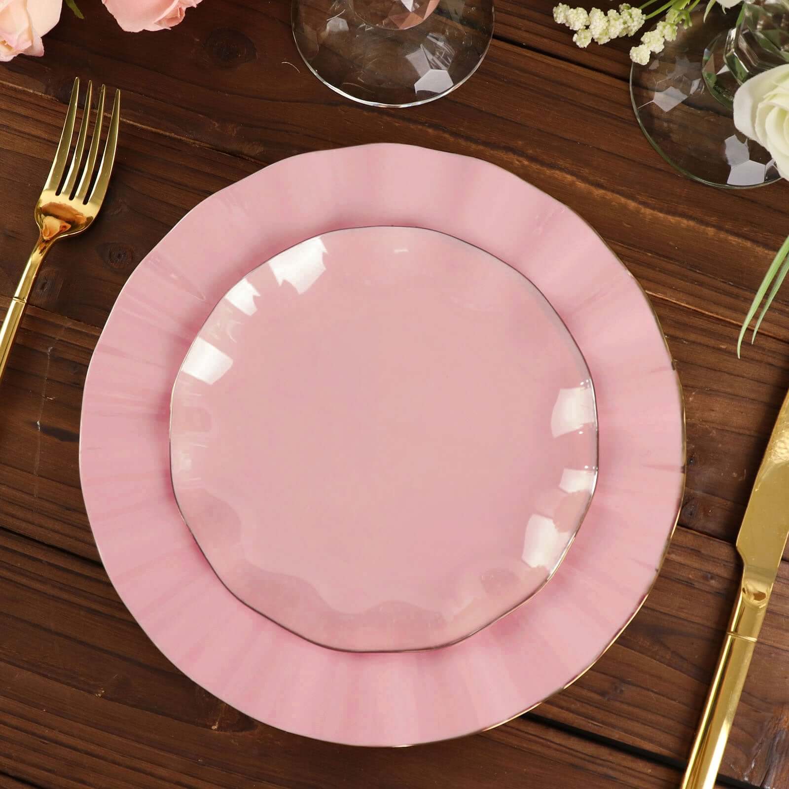 10-Pack Sturdy Disposable Dusty Rose Plastic Round Dessert Plates with Gold Ruffled Edging