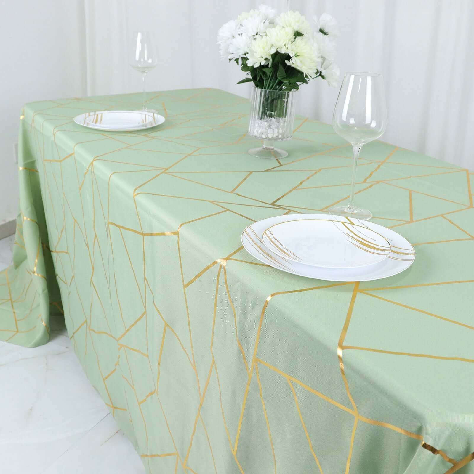 Hot! Wrinkle-Resistant Sage Green Polyester Tablecloth with Gold Foil Geometric Pattern, 90x132