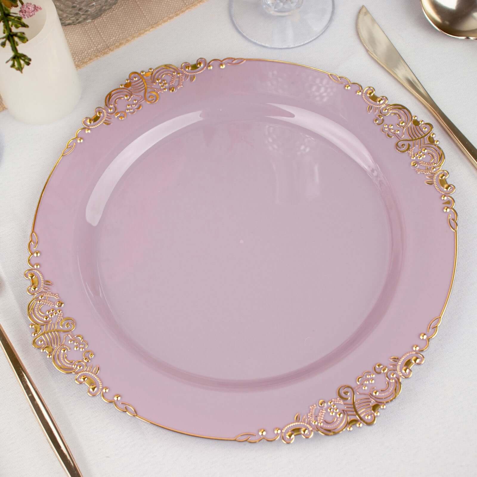 Hot Deal! 10-Pack Disposable Plastic Round Dinner Plates in Lavender Lilac with Gold Leaf Embossed Rim, Vintage Baroque Style