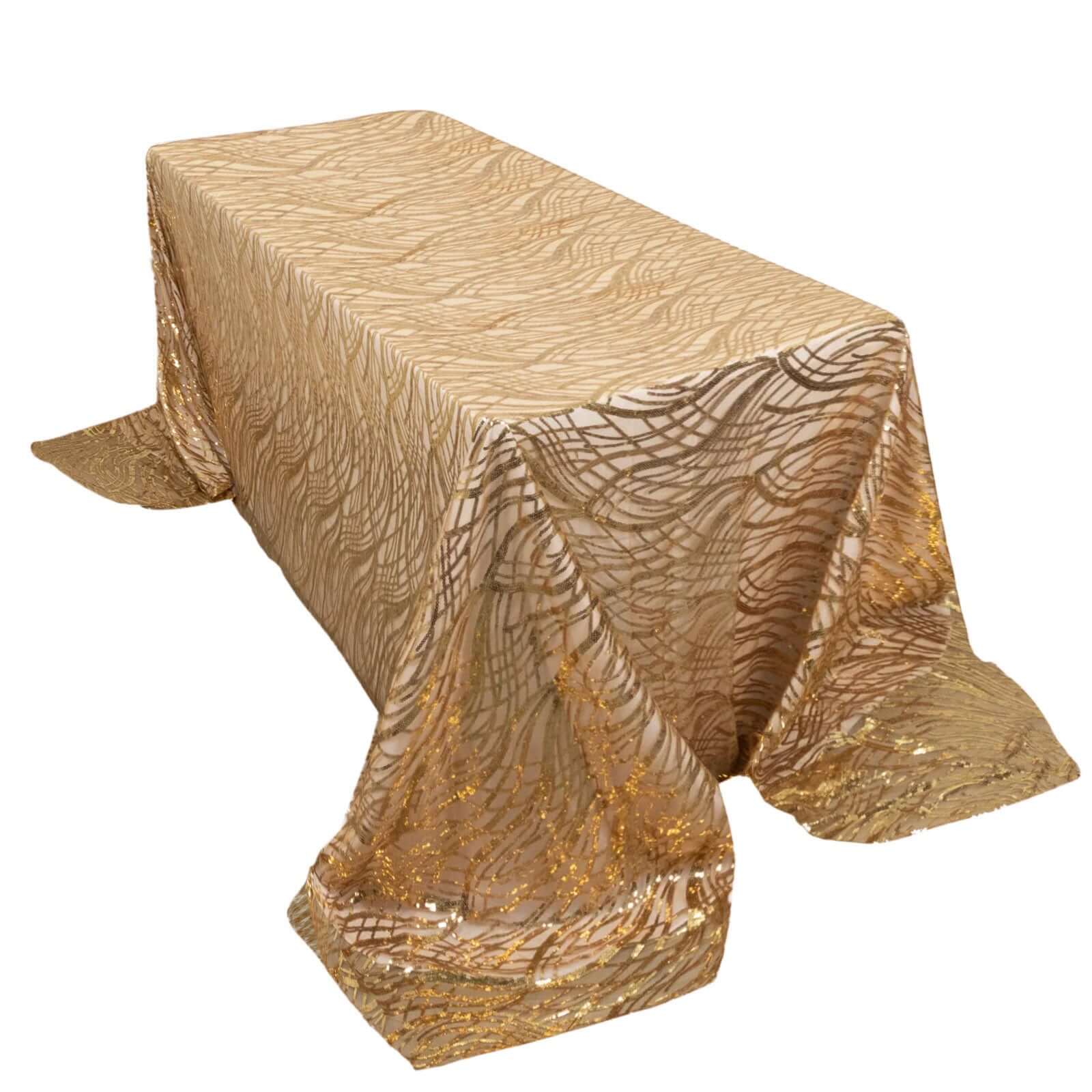 Exclusive Gold Mesh Rectangle Tablecloth with Wave Sequin Embroidered Design for Elegant Occasions