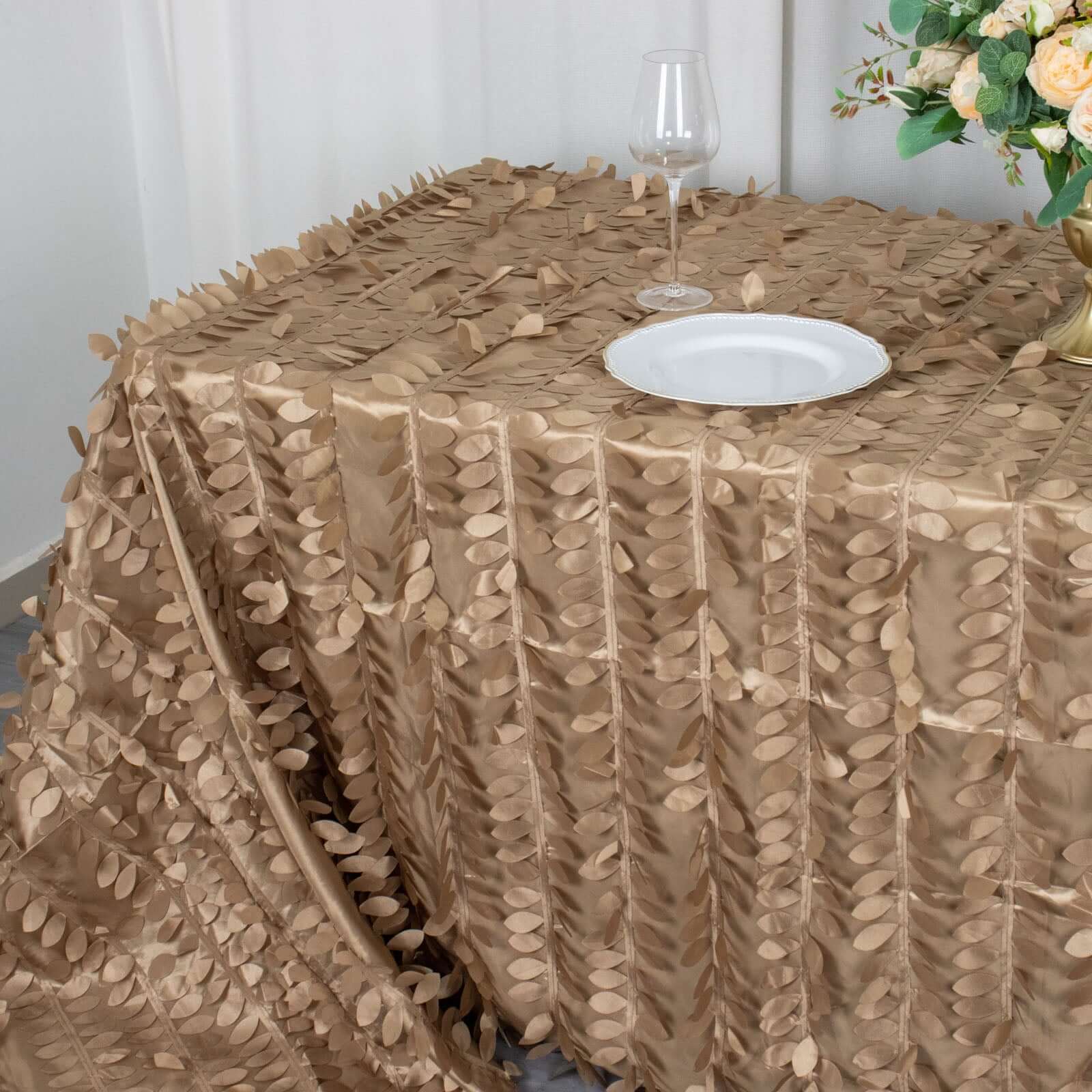 Taupe Taffeta 90x132 Rectangle Tablecloth with 3D Seamless Leaf Petal Design