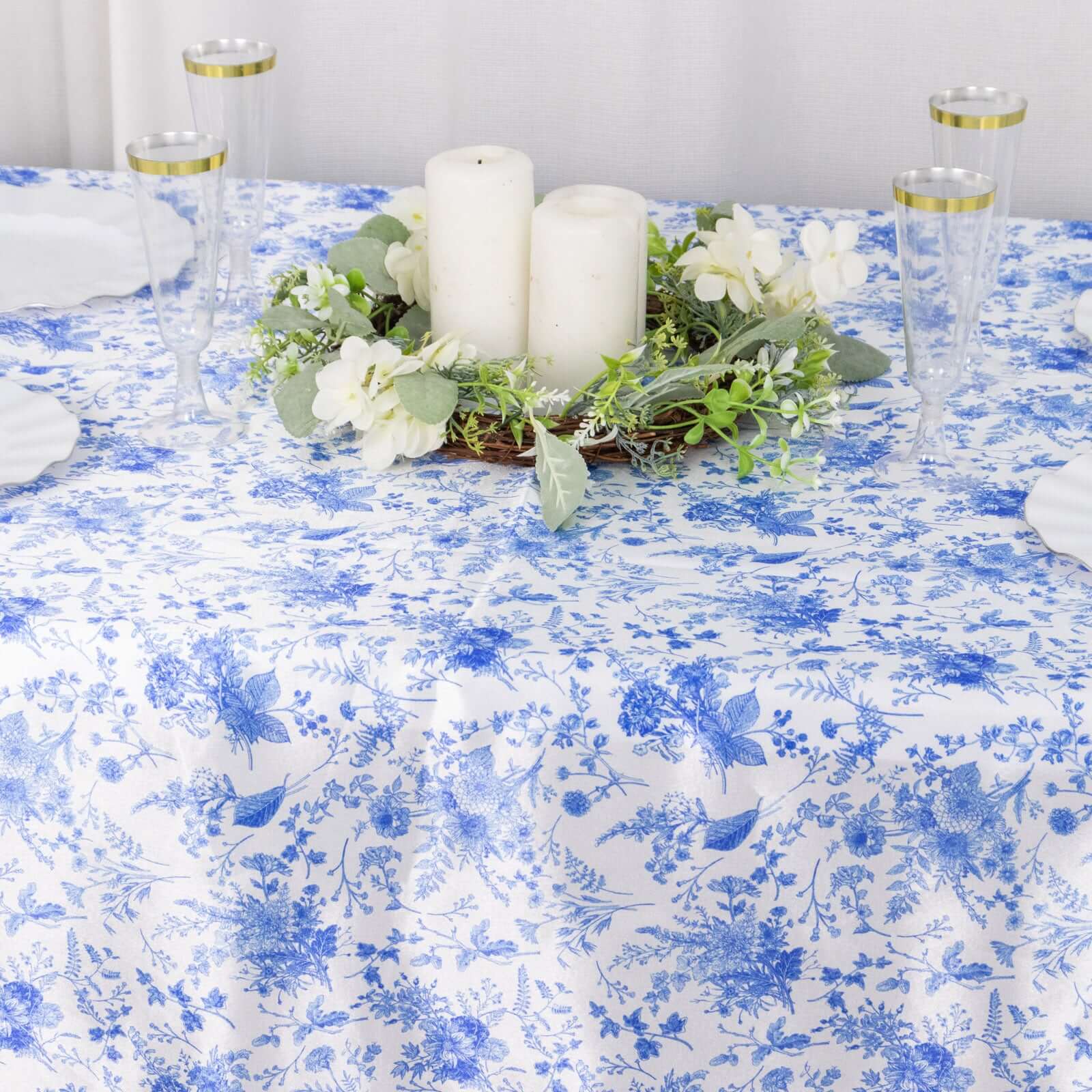 Exclusive Satin 90x132 Rectangular Tablecloth - White/Blue French Toile Design, Wrinkle-Resistant