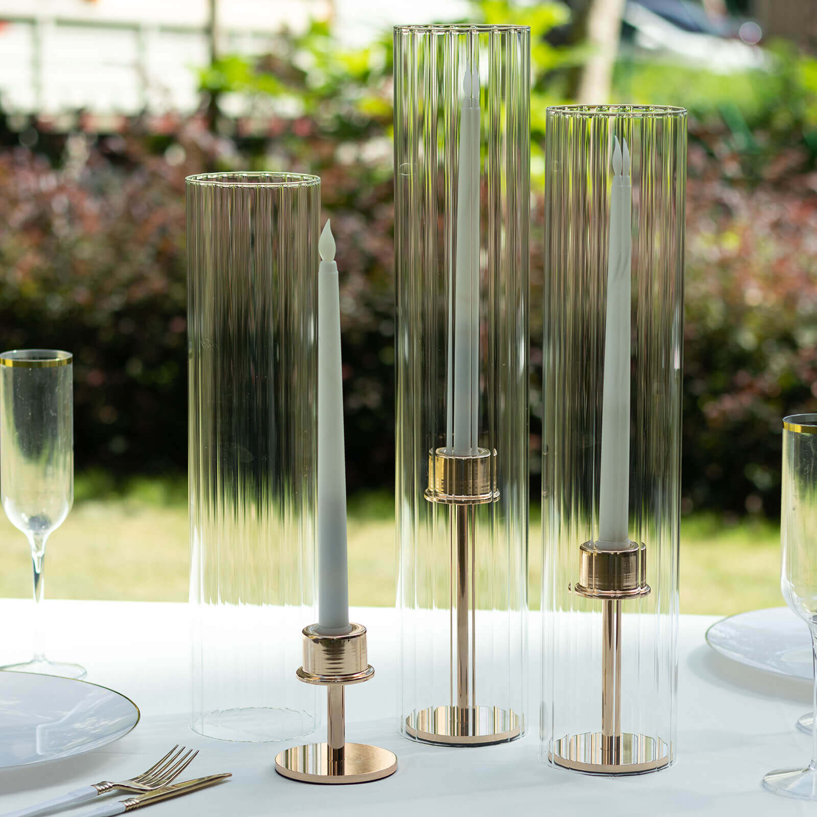 Stylish Set of 3 Clear Ribbed Glass Hurricane Shades for Candles - 15', 17', 19'