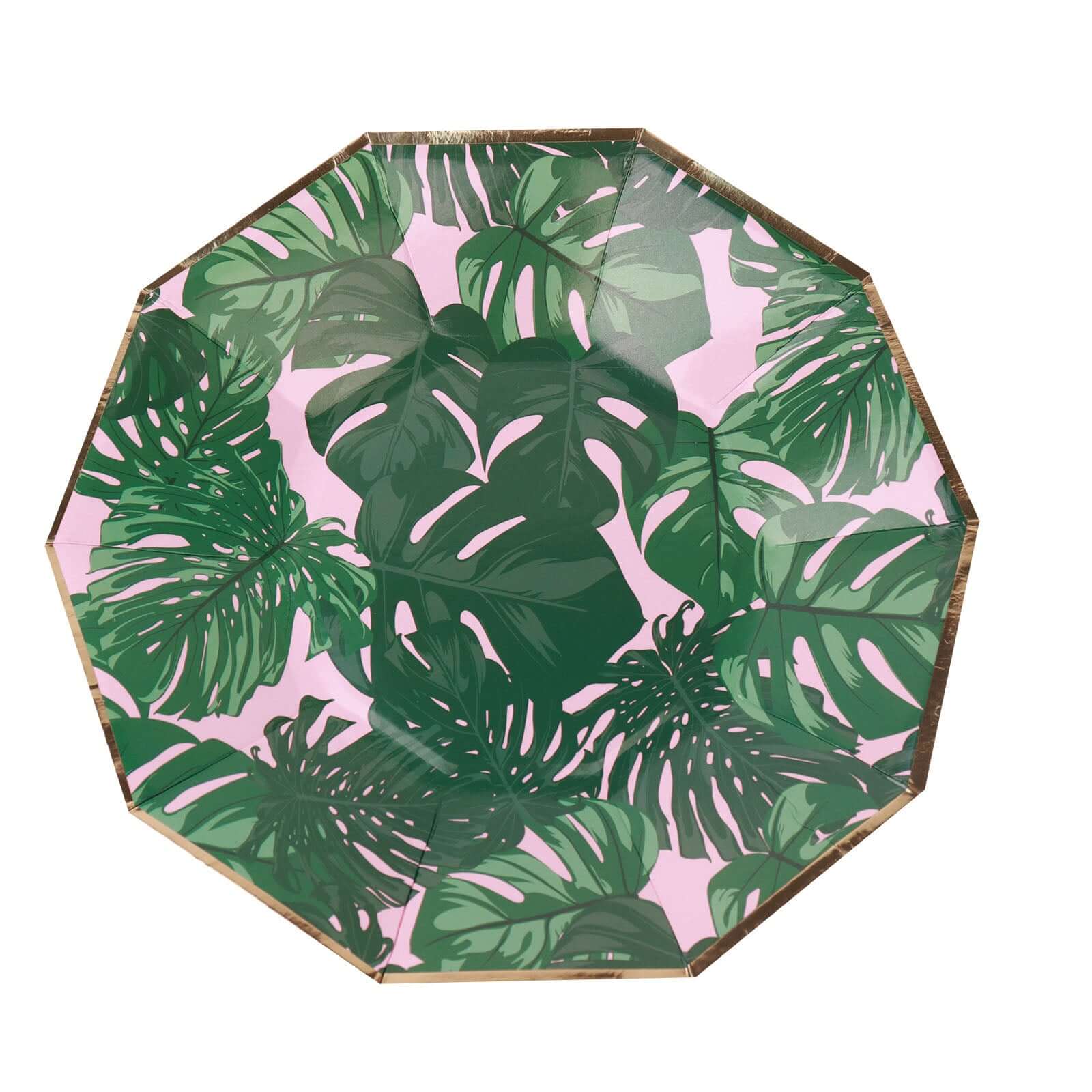 25-Pack 9" Pink Paper Decagon Dinner Plates with Green Palm Leaves & Gold Rim - Ideal for Luau & Summer Parties