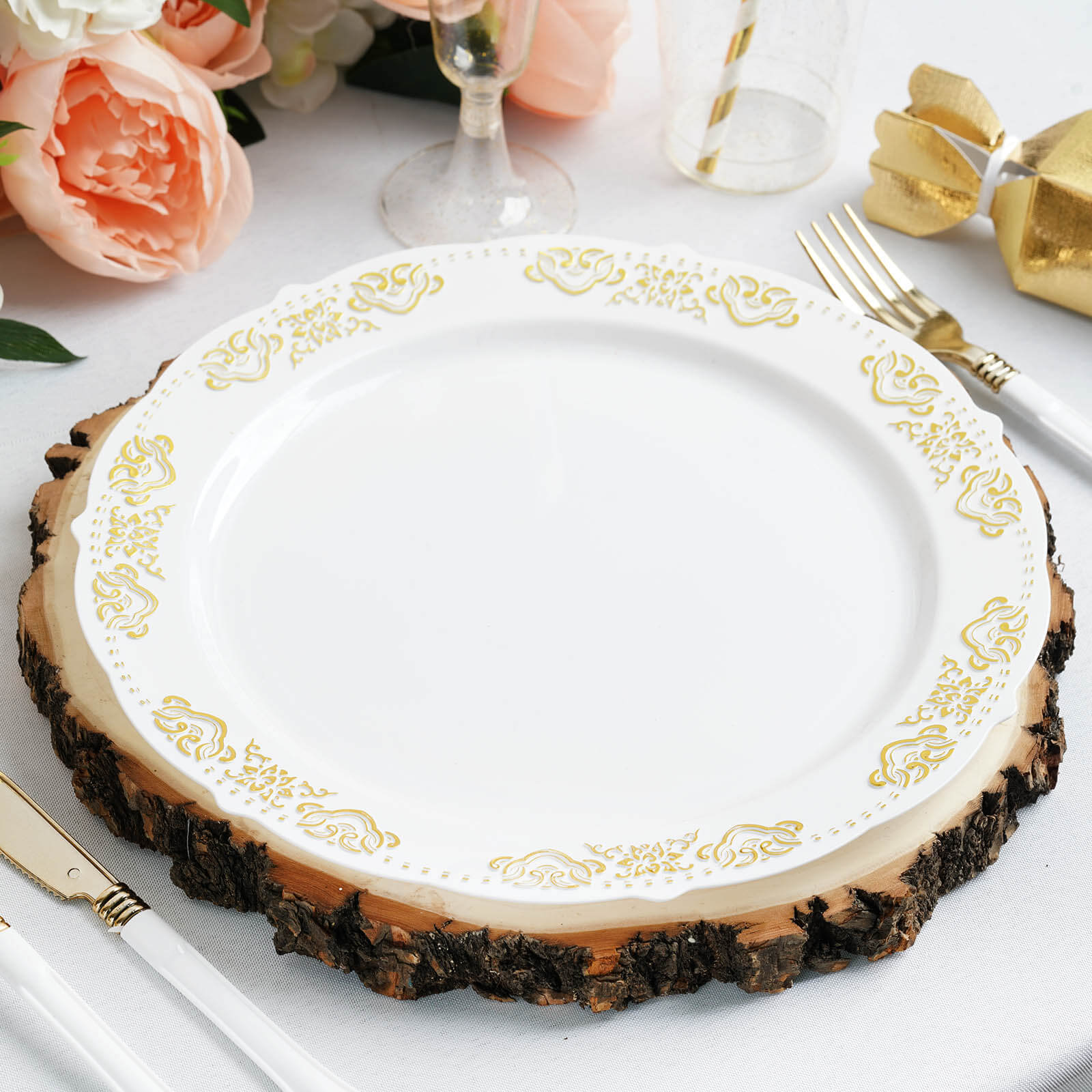 12-Piece Natural Poplar Wood Charger Plates with Bark Edge for Rustic Wedding Tables