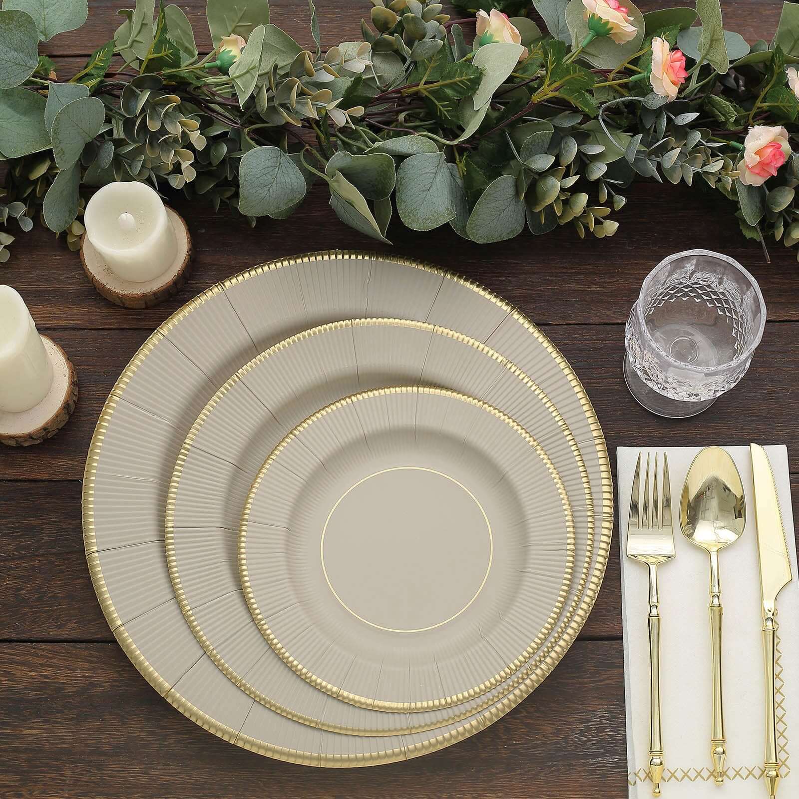 25-Piece Set of Disposable Heavy Duty 350GSM Paper Charger Plates in Taupe Sunray Design with Gold Rim, 13 Inches