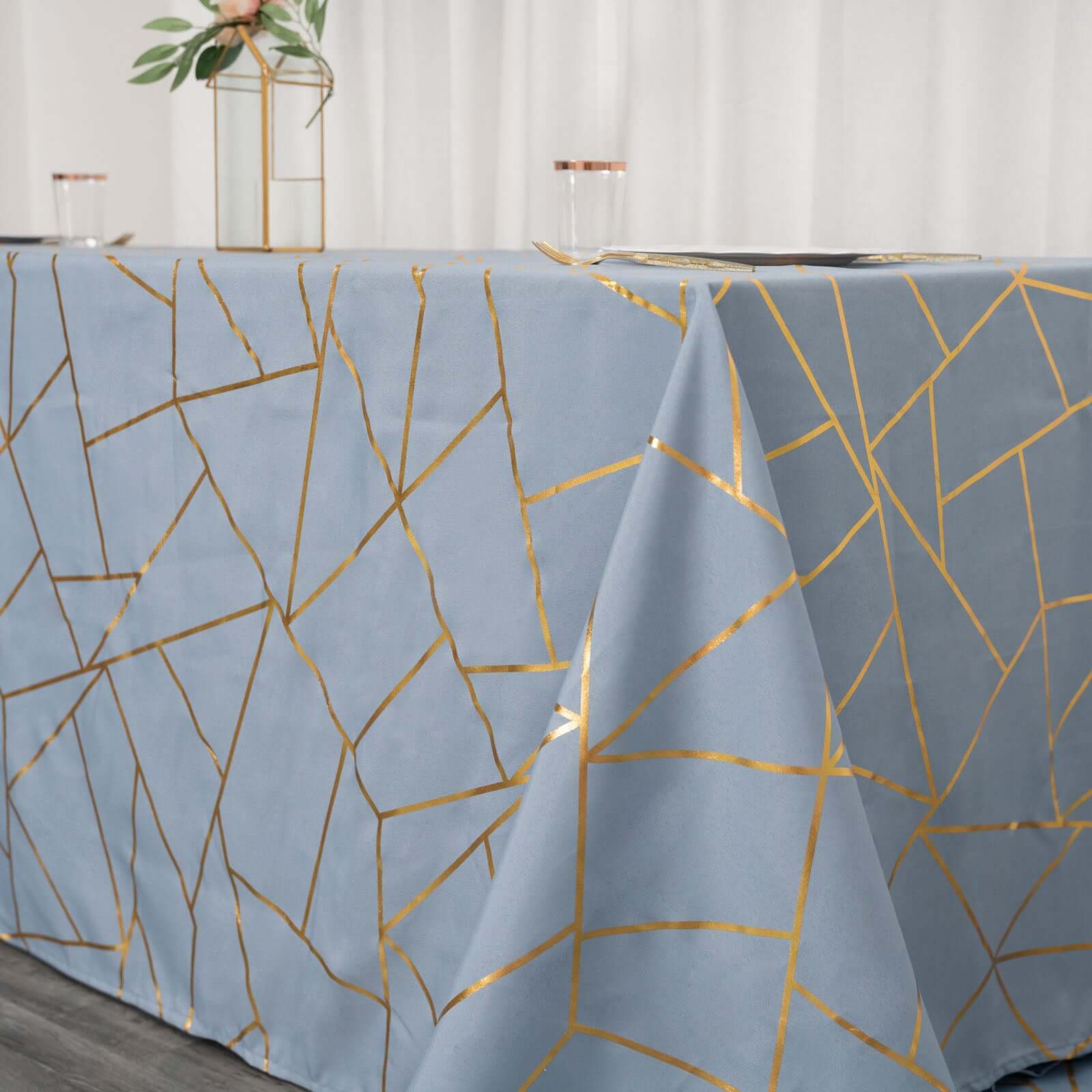 Exclusive! Wrinkle-Resistant Polyester Tablecloth in Dusty Blue with Gold Foil Pattern for Weddings & Events