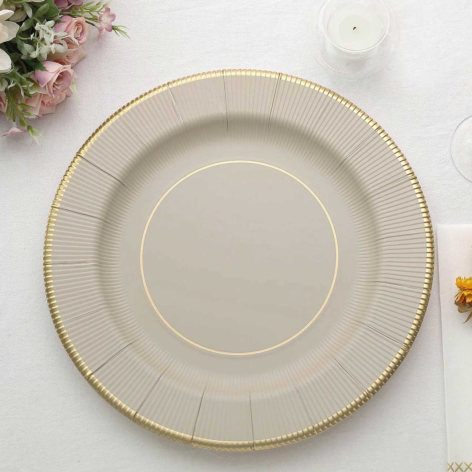 25-Piece Set of Disposable Heavy Duty 350GSM Paper Charger Plates in Taupe Sunray Design with Gold Rim, 13 Inches