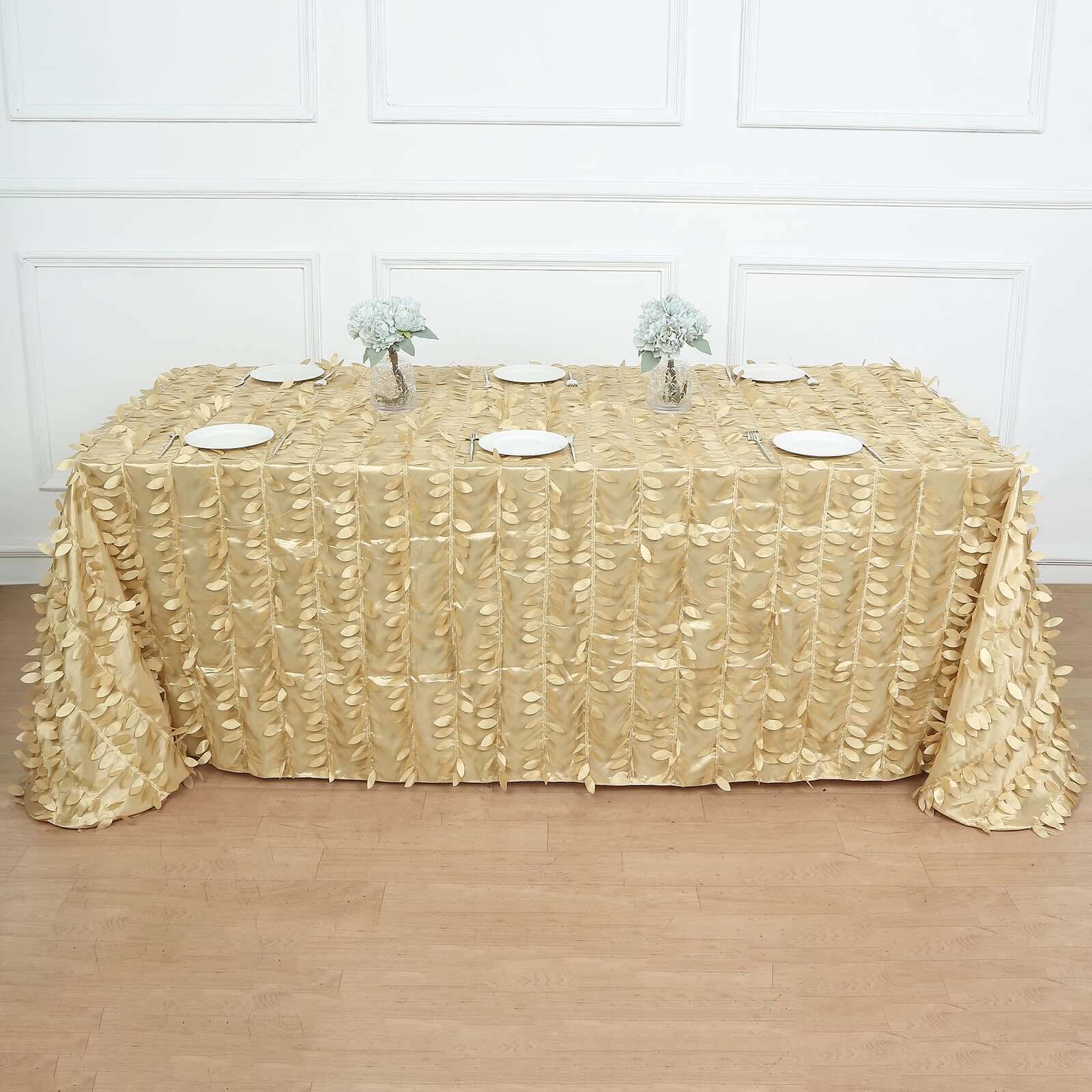 Champagne Taffeta Rectangle Tablecloth with 3D Leaf Petal Design - Great for Events