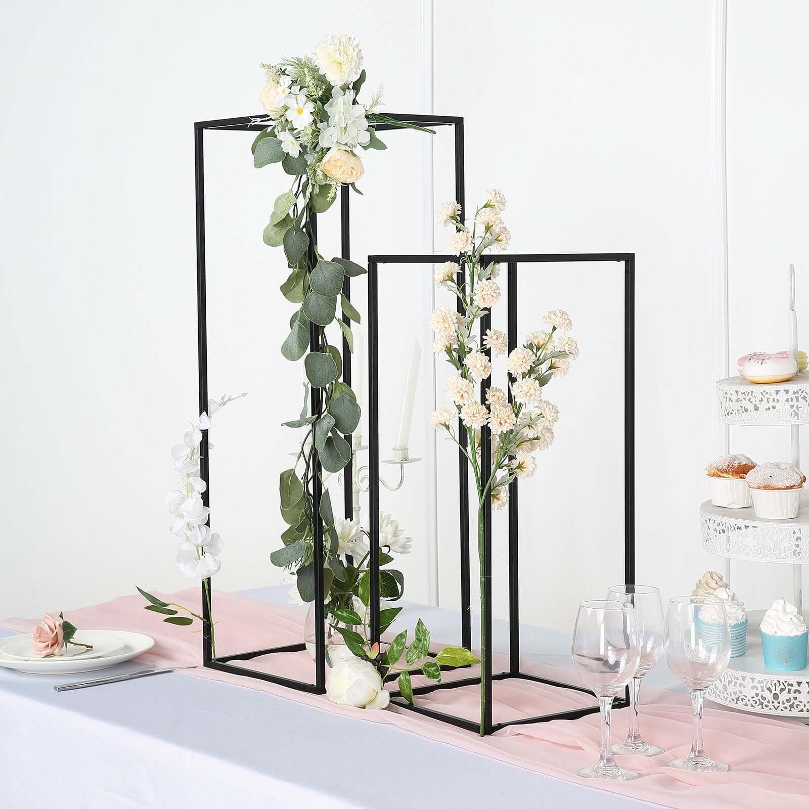 2-Pack Matte Black Metal Geometric Rectangular Wedding Flower Stand, 24-Inch