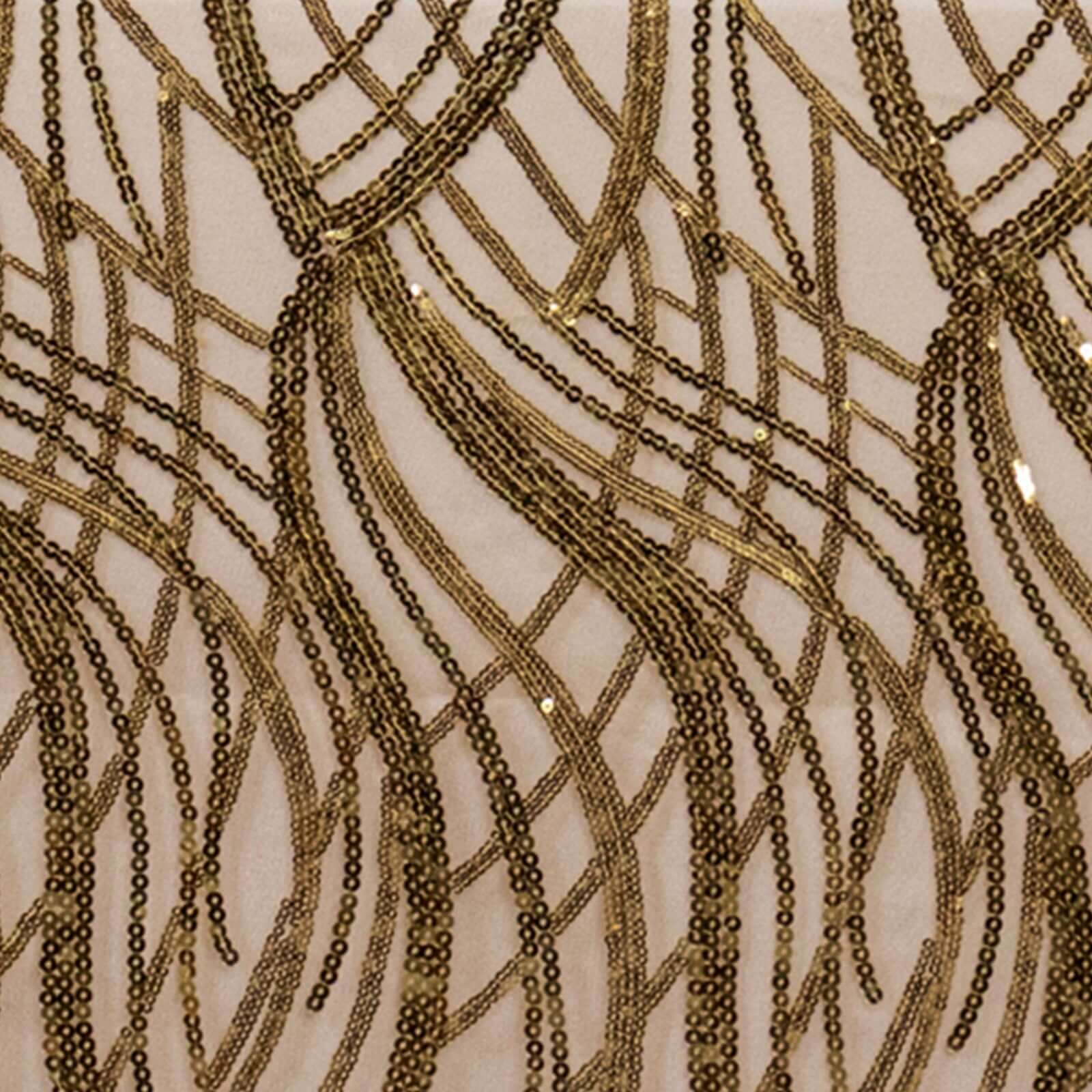 Exclusive Gold Mesh Rectangle Tablecloth with Wave Sequin Embroidered Design for Elegant Occasions