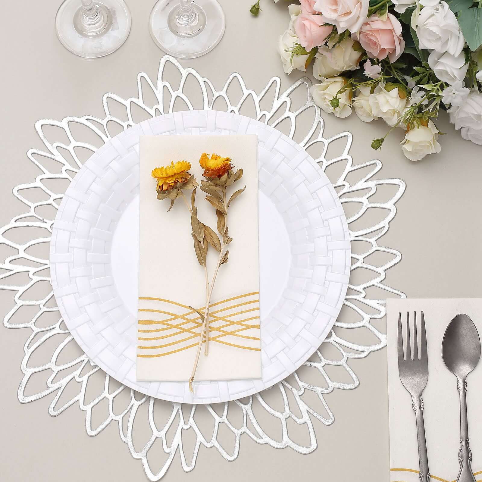 10-Pack Durable Disposable White Basketweave Rim Plastic Dinner Plates, 10"