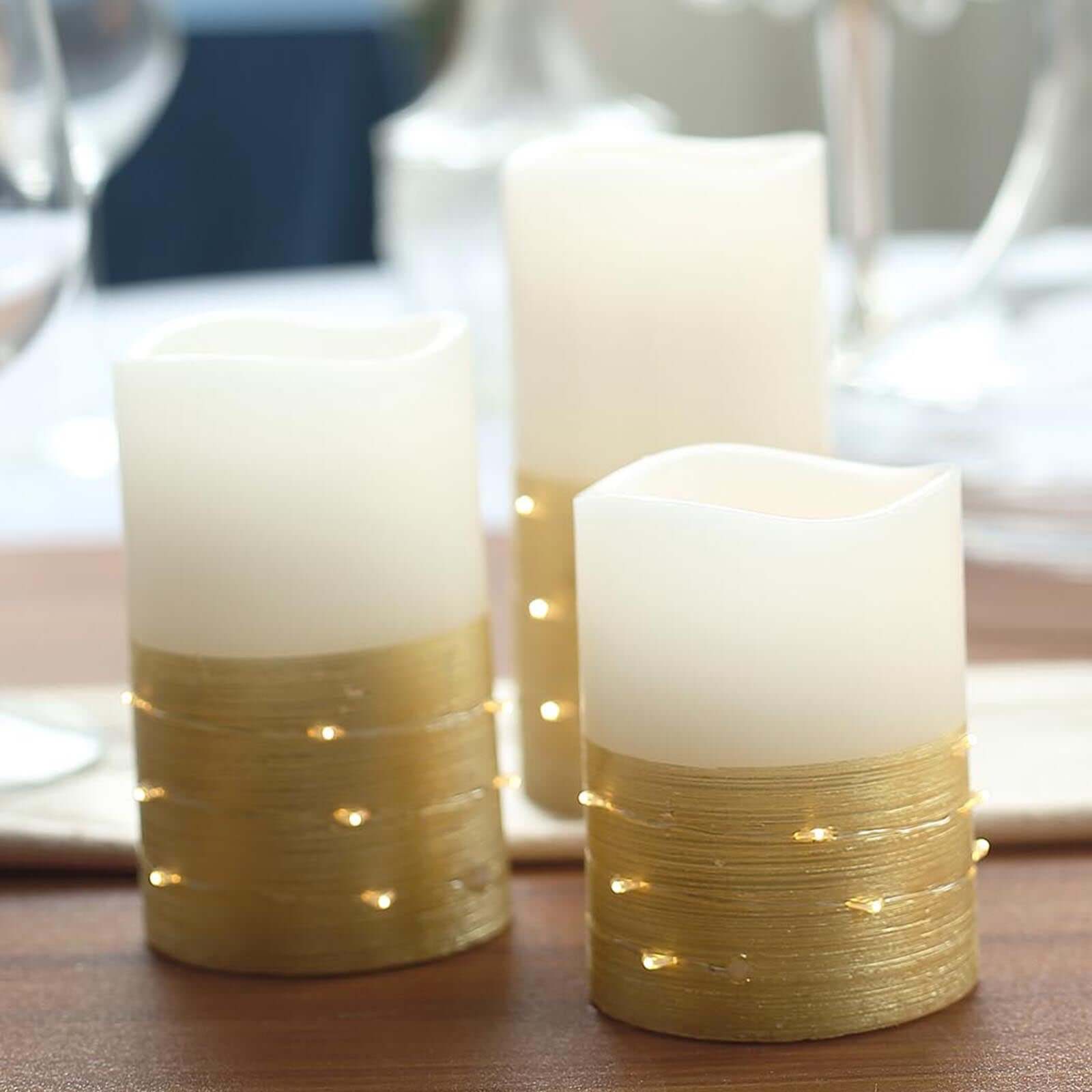 Remote-Controlled Set of 3 Gold LED Flameless Pillar Candles with Fairy String Lights (4', 5', 6')