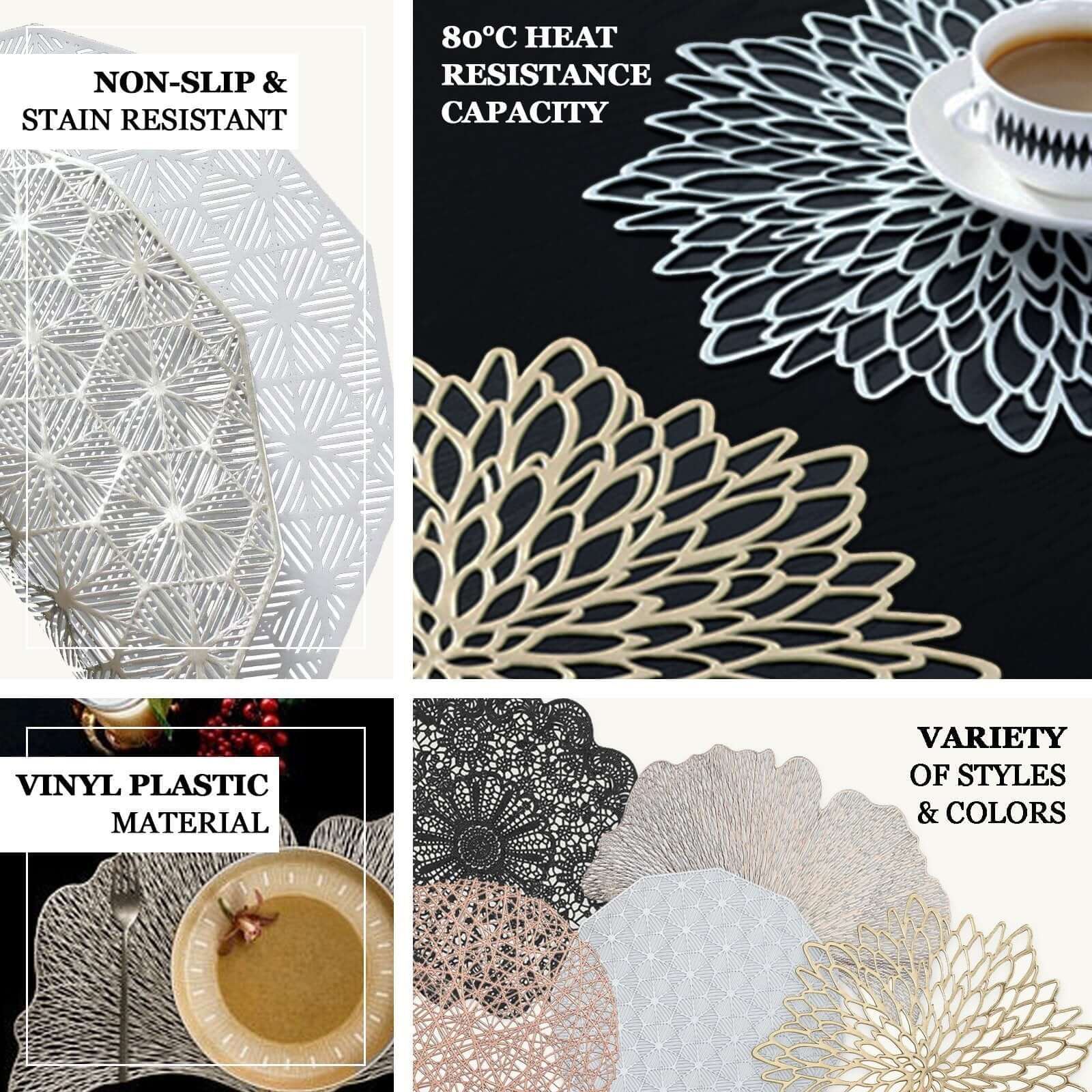 6-Piece Gold Geometric Woven Vinyl Dining Table Mats with Non-Slip Surface, 15 Inches