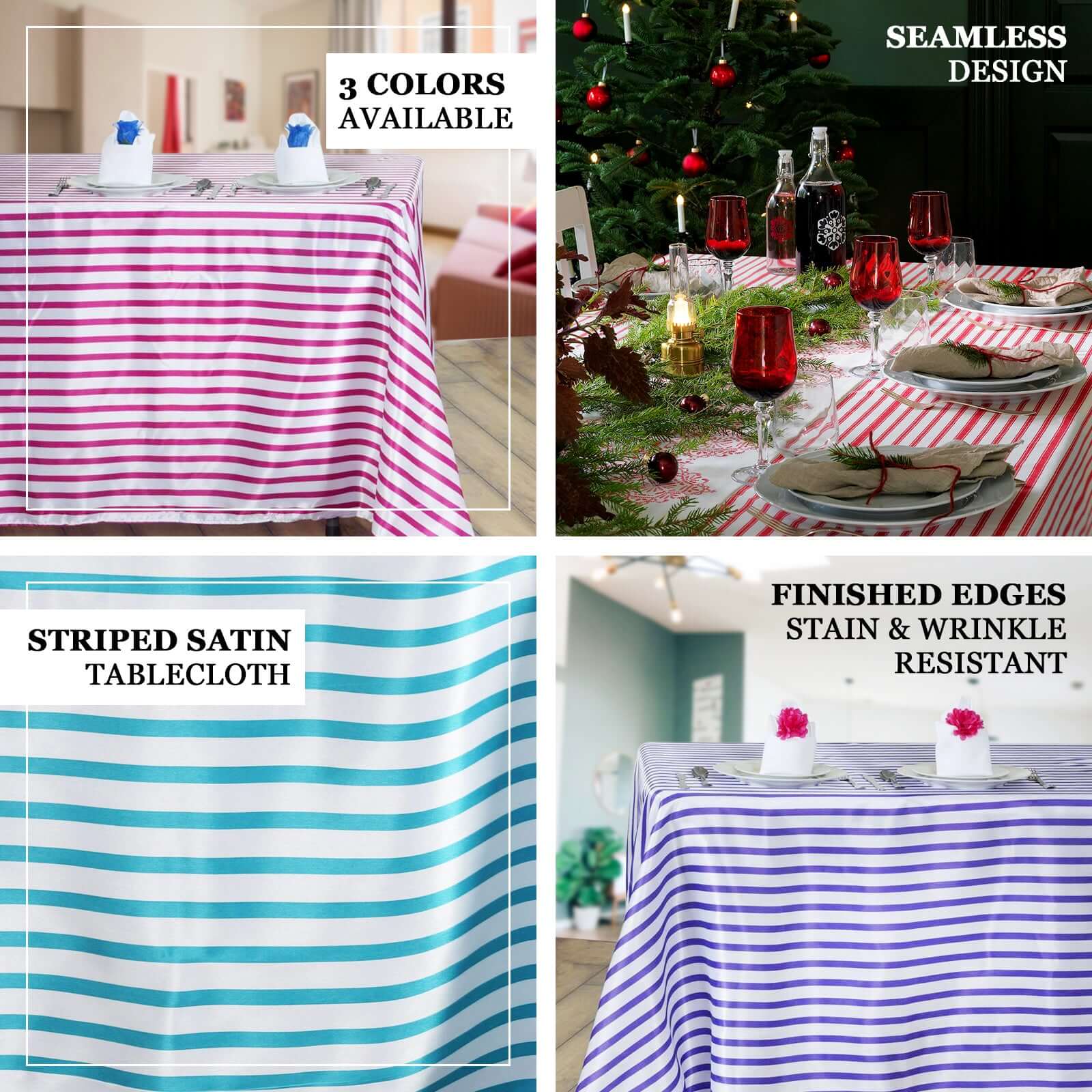 60x102 Rectangle Satin Tablecloth in White/Fuchsia Stripes with Silky Finish