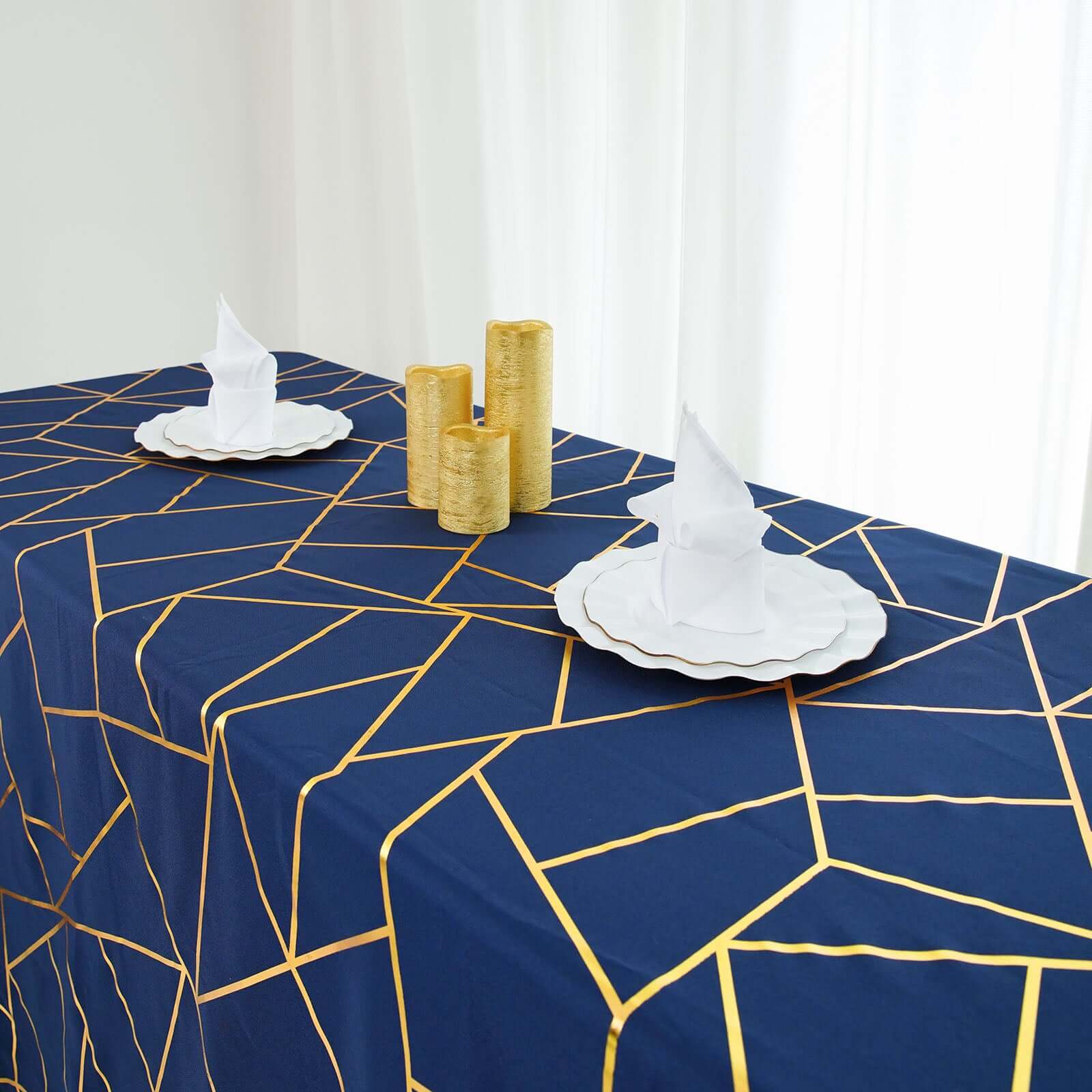 Wrinkle-Resistant Navy Blue Polyester Tablecloth with Gold Foil Pattern for Elegant Events