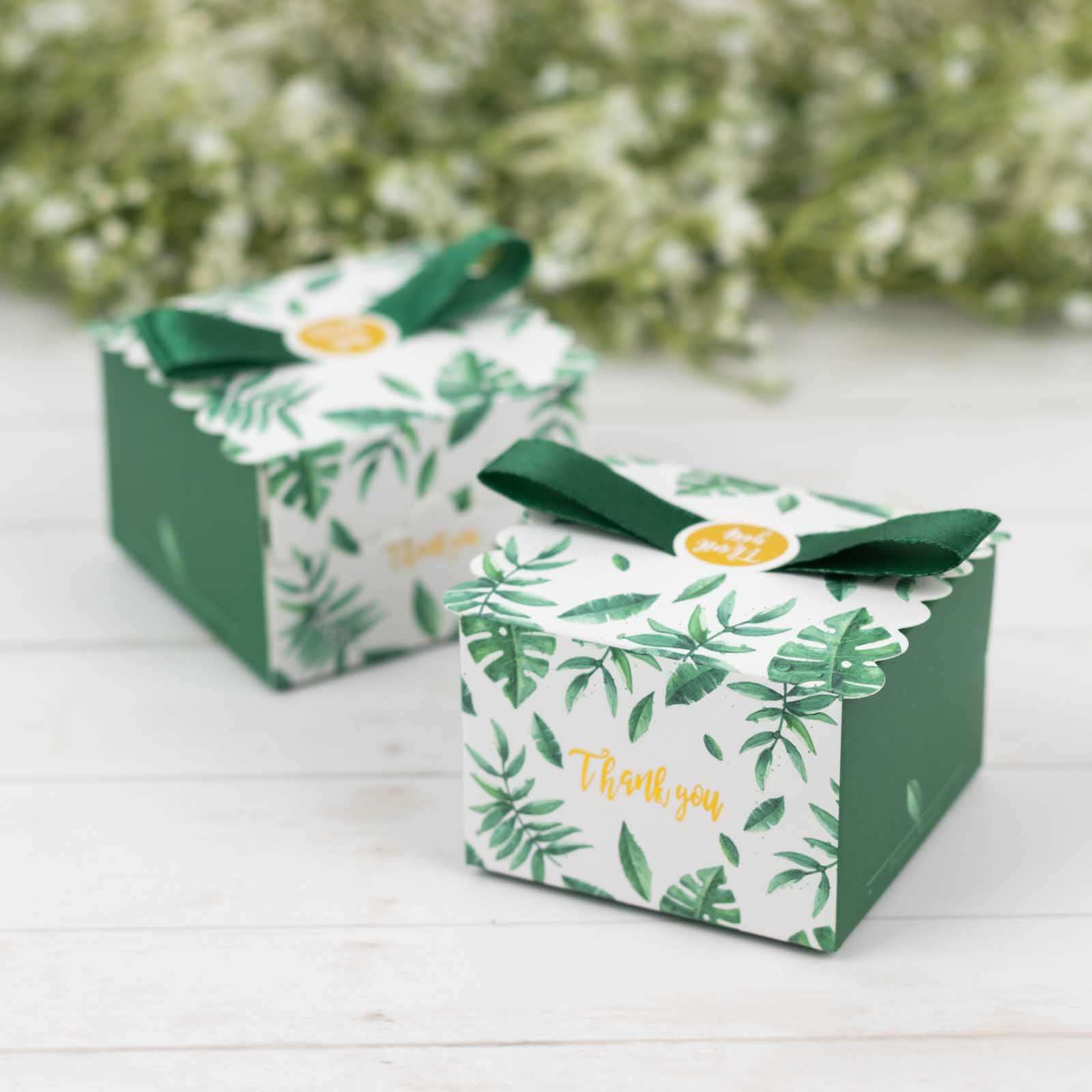 25-Piece Set of Green Monstera Leaf Printed Candy Gift Boxes with Satin Ribbon Bows