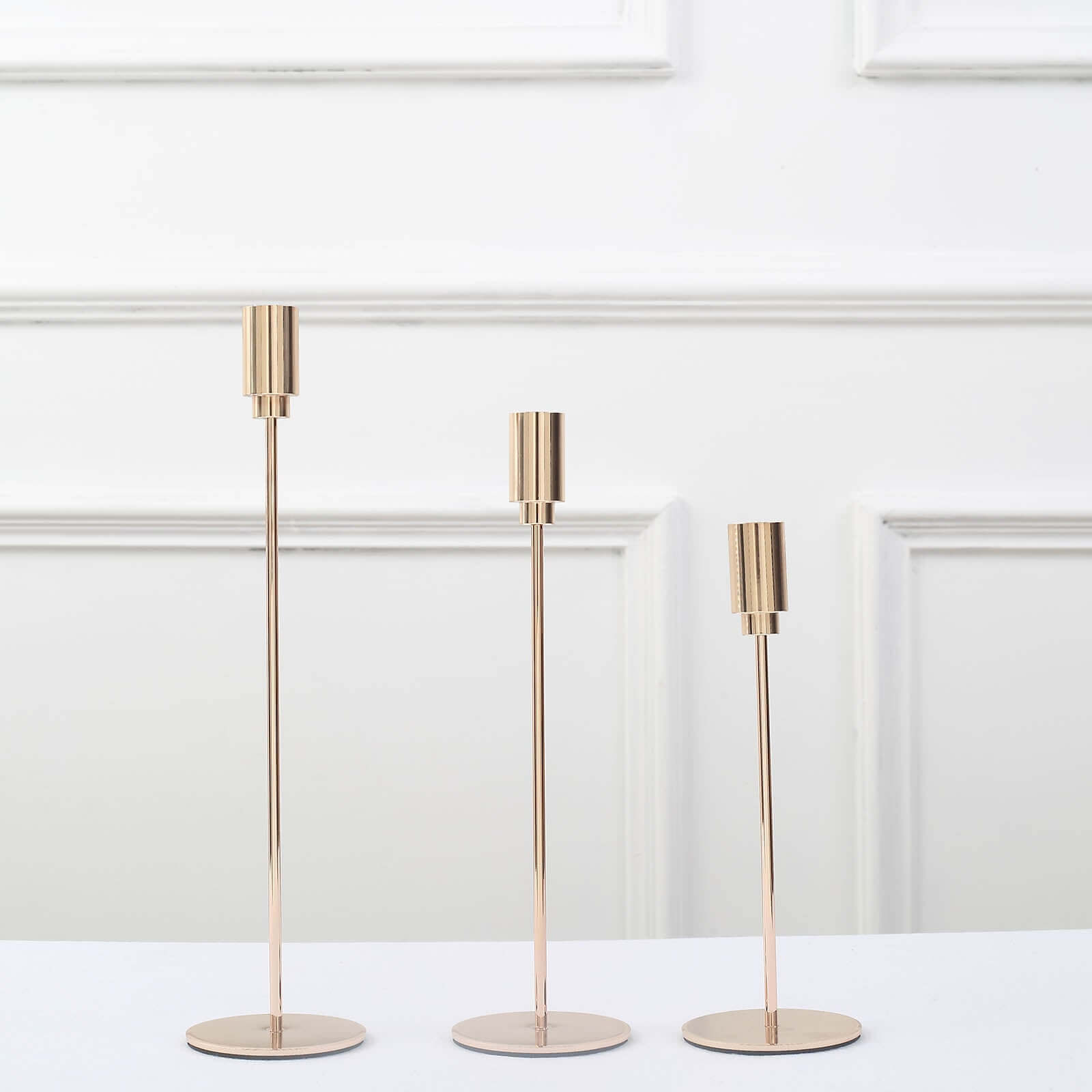 Gold Metal Set of 3 Taper Candle Stands with Round Base - Ideal for Weddings