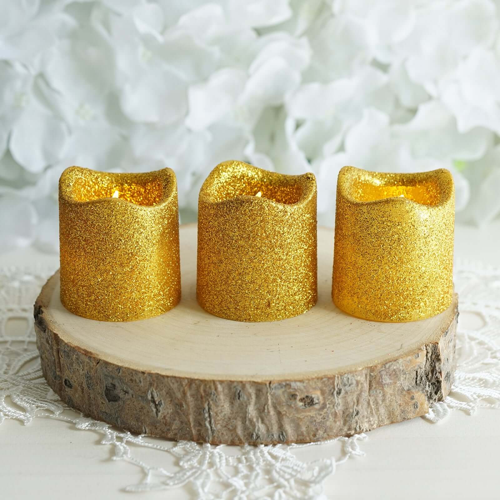 Hot Sale! 12-Piece Reusable Flameless LED Votive Candles with Glittered Gold Design, Battery Operated