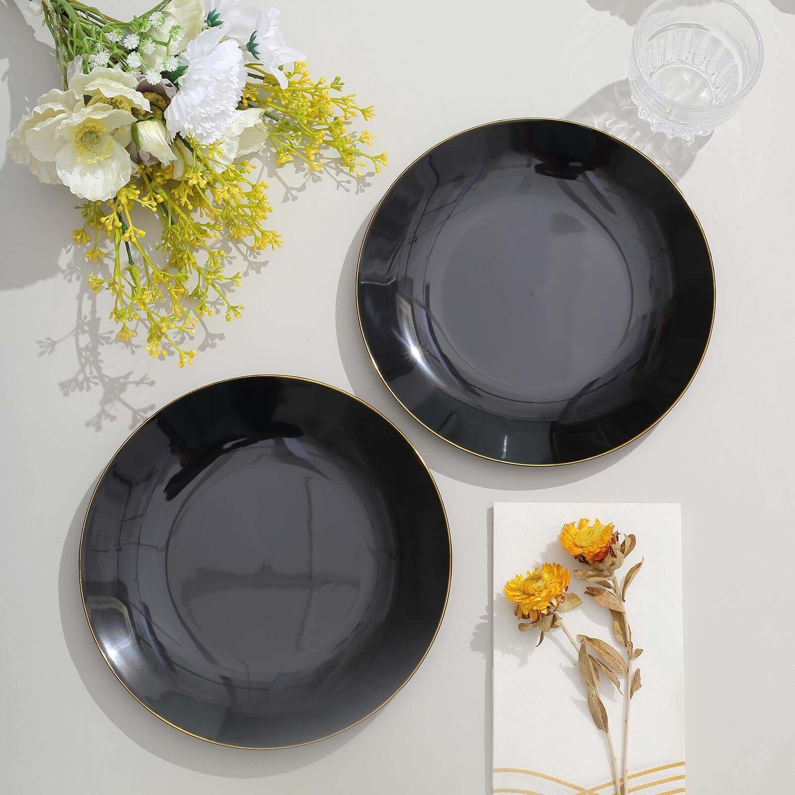 Hot Deal! 10-Pack of 8-Inch Round Black Plastic Dessert Plates with Gold Rim, Disposable and Sturdy