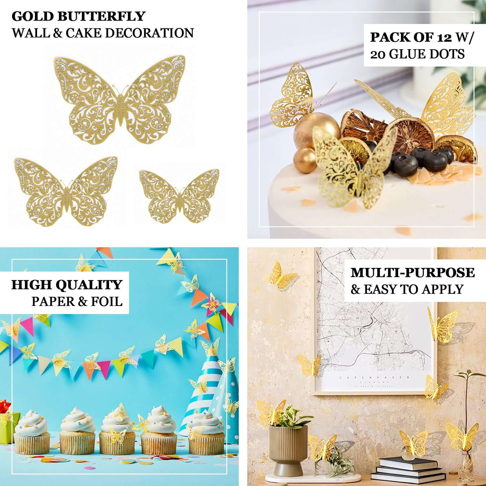 12-Pack Gold 3D Butterfly Wall Decals - DIY Removable, Eye-Catching Decor