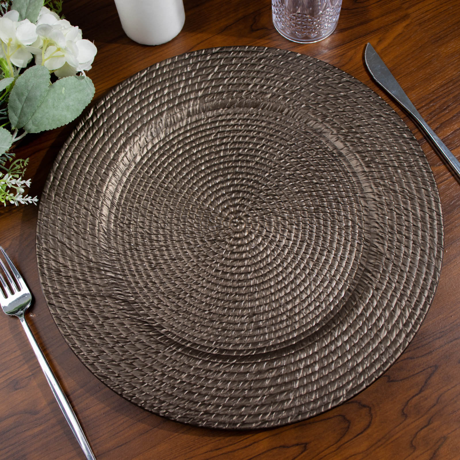 6-Piece Set of 13-Inch Natural Brown Acrylic Charger Plates with Rattan Look, Reusable for Events