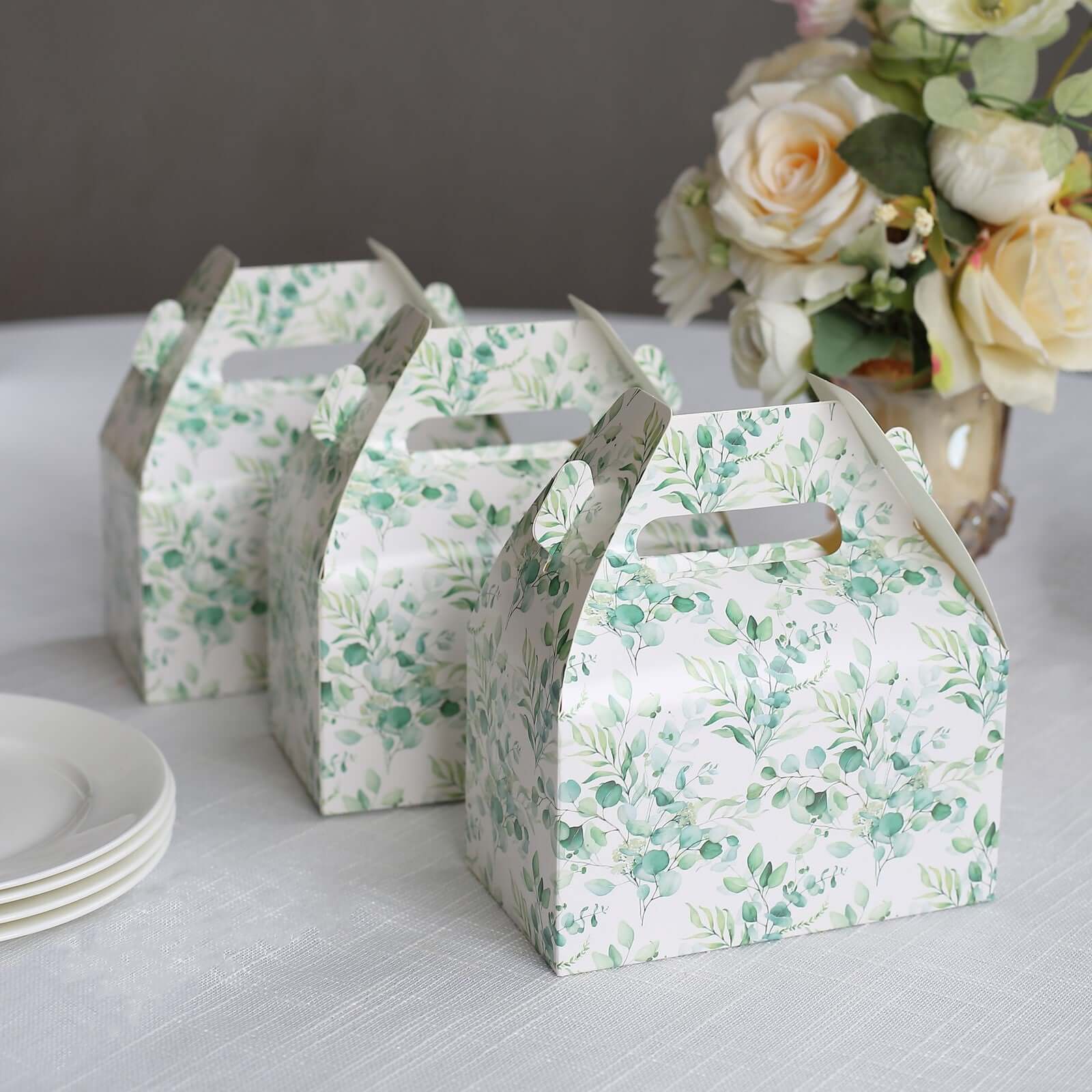 25-Pack White and Green Eucalyptus Leaves Printed Tote Gable Party Favor Boxes, 6x3.5x7