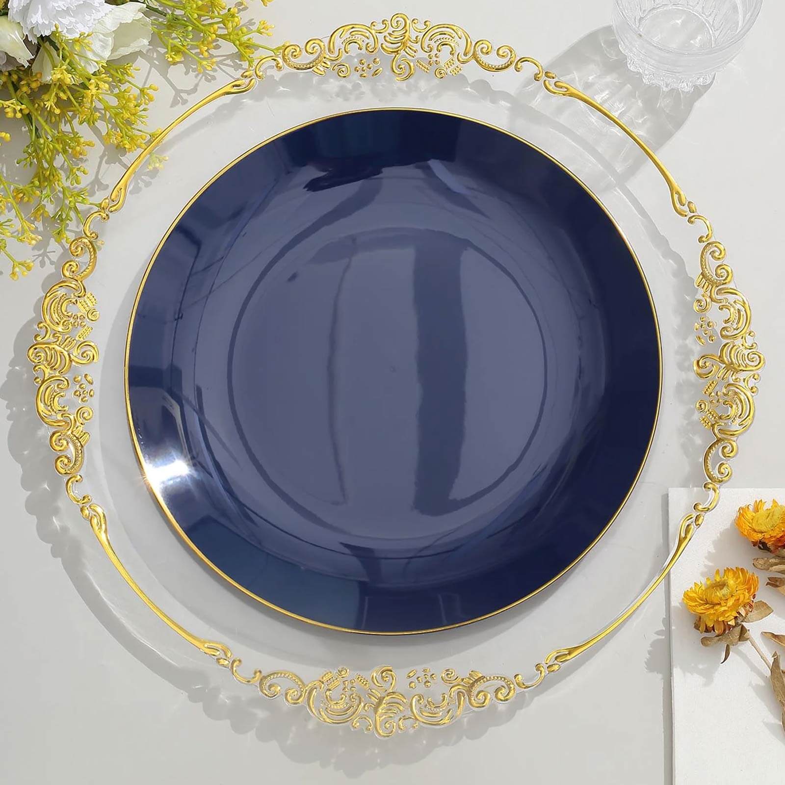 10-Pack Navy Blue Plastic Round Dinner Plates with Gold Rim - Disposable for Party