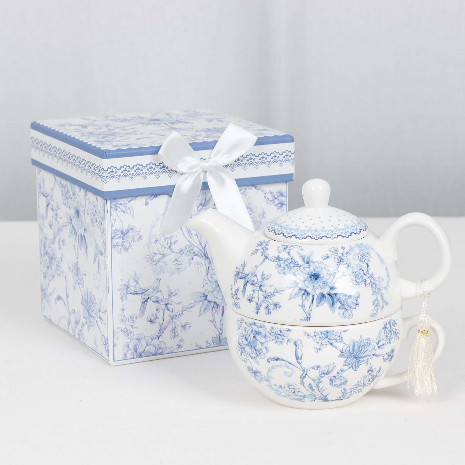 Premium French Toile Porcelain Teapot and Cup Set - Ideal Bridal Shower Gift with Keepsake Box