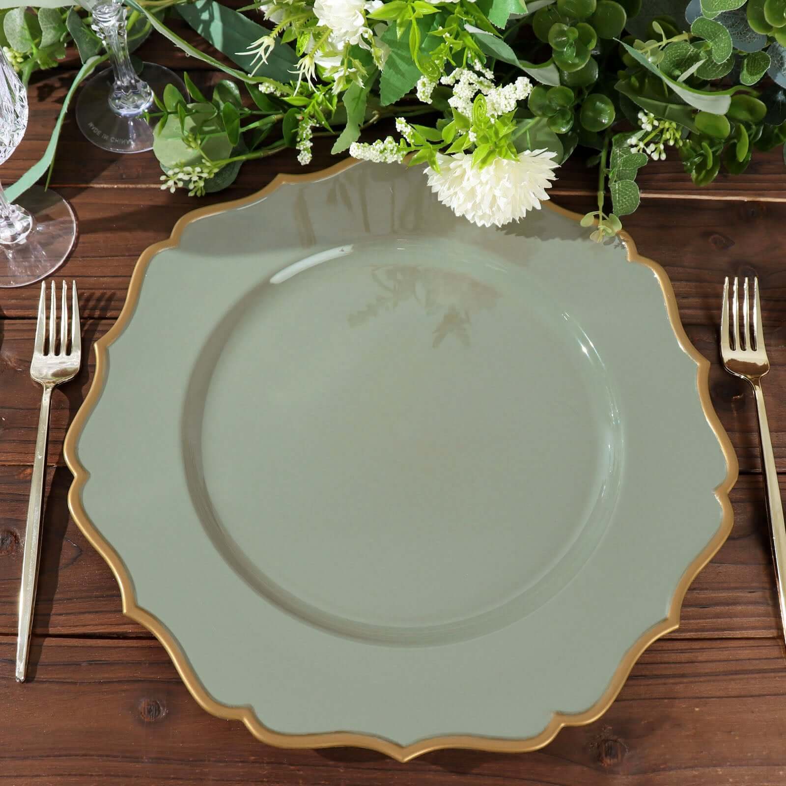 6-Piece Set of 13-Inch Dusty Sage Green Acrylic Charger Plates with Gold Scalloped Edges