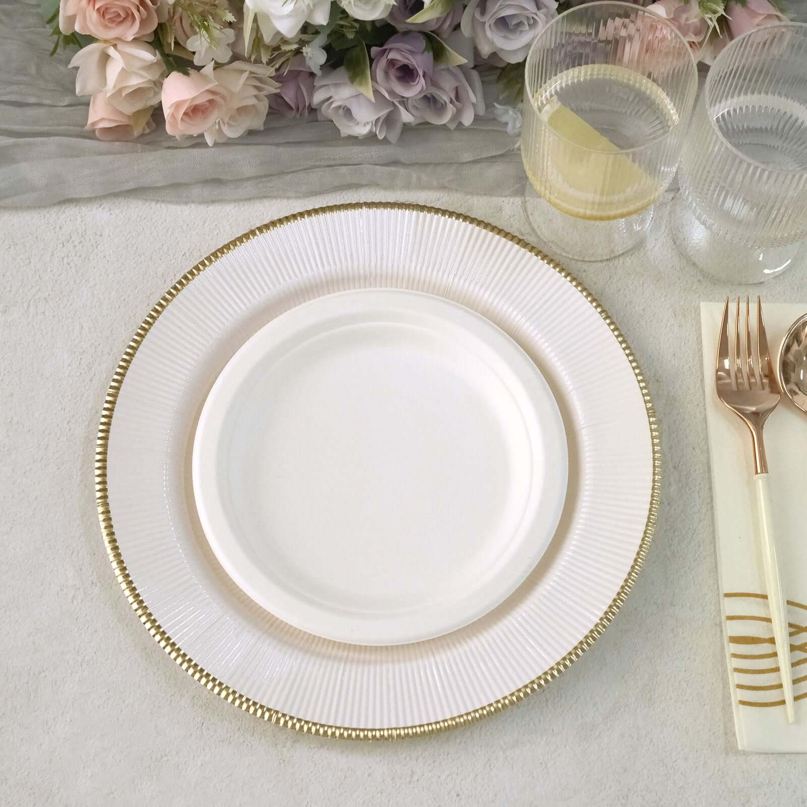 25-Pack Disposable 10-Inch White Sunray Dinner Plates with Gold Rim, 350GSM Heavy Duty