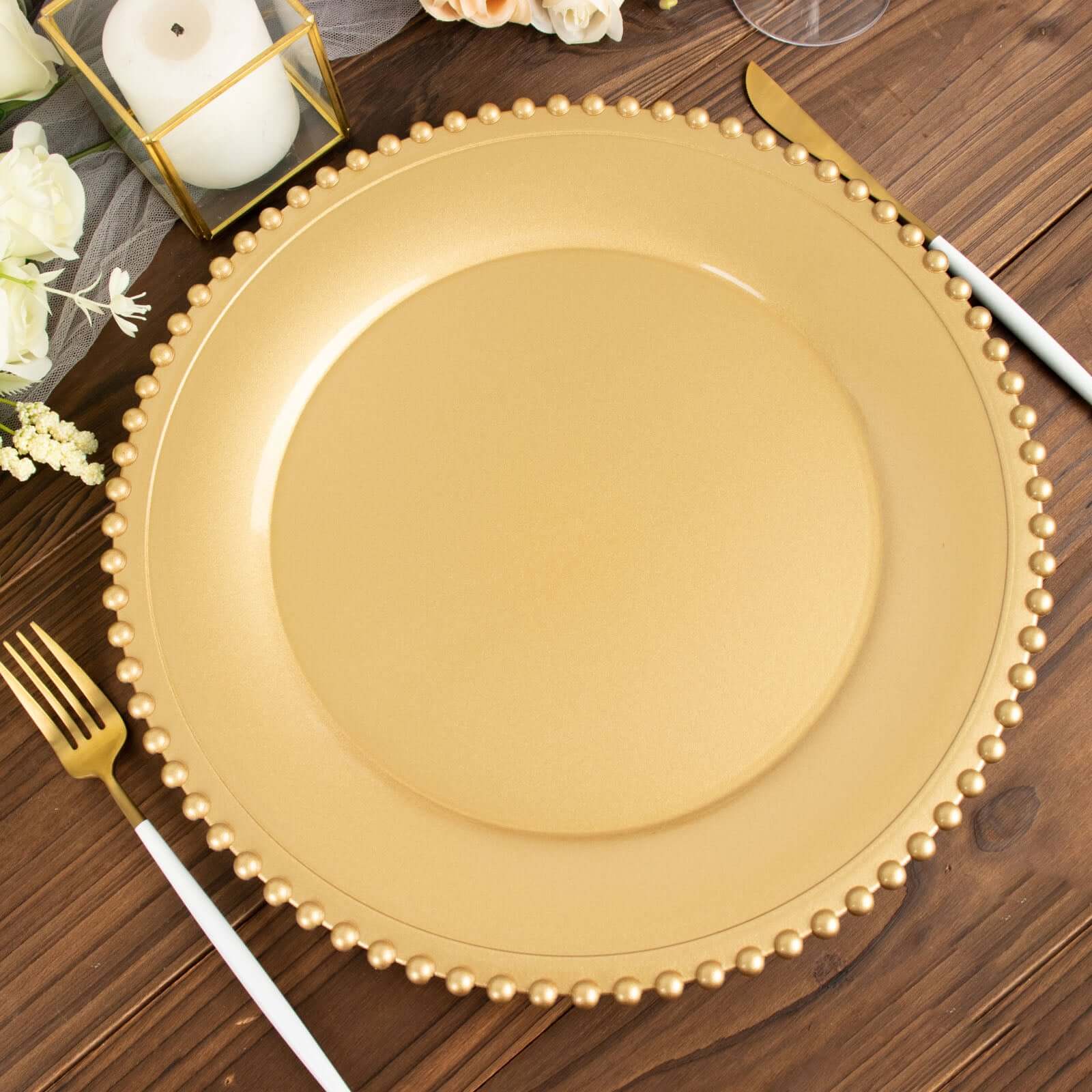 Hot Sale! 6-Pack Gold Acrylic Round Charger Plates with Beaded Rim for Decorative Dinner Parties