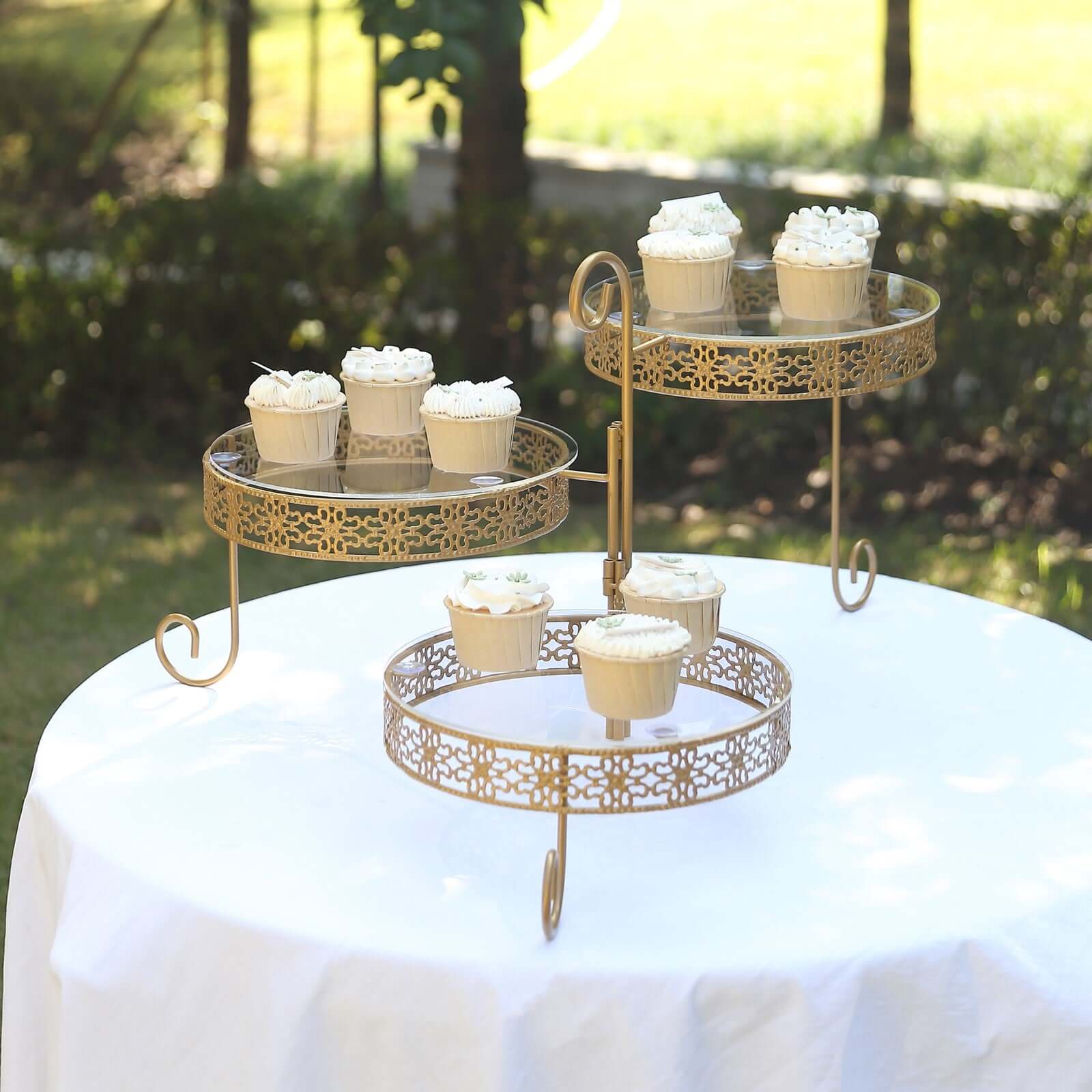 3-Tier Gold Metal Rotating Cupcake Stand with Clear Acrylic Plates - Hollow Lace Design