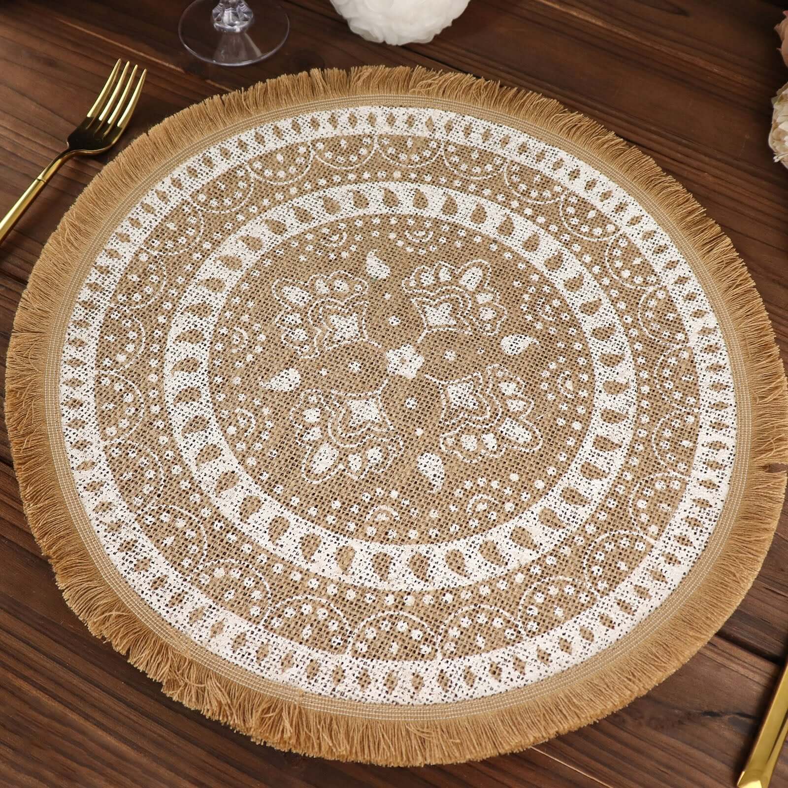 4-Pack Natural Jute and White Round Placemats with Fringe Print - Rustic Style, 15"